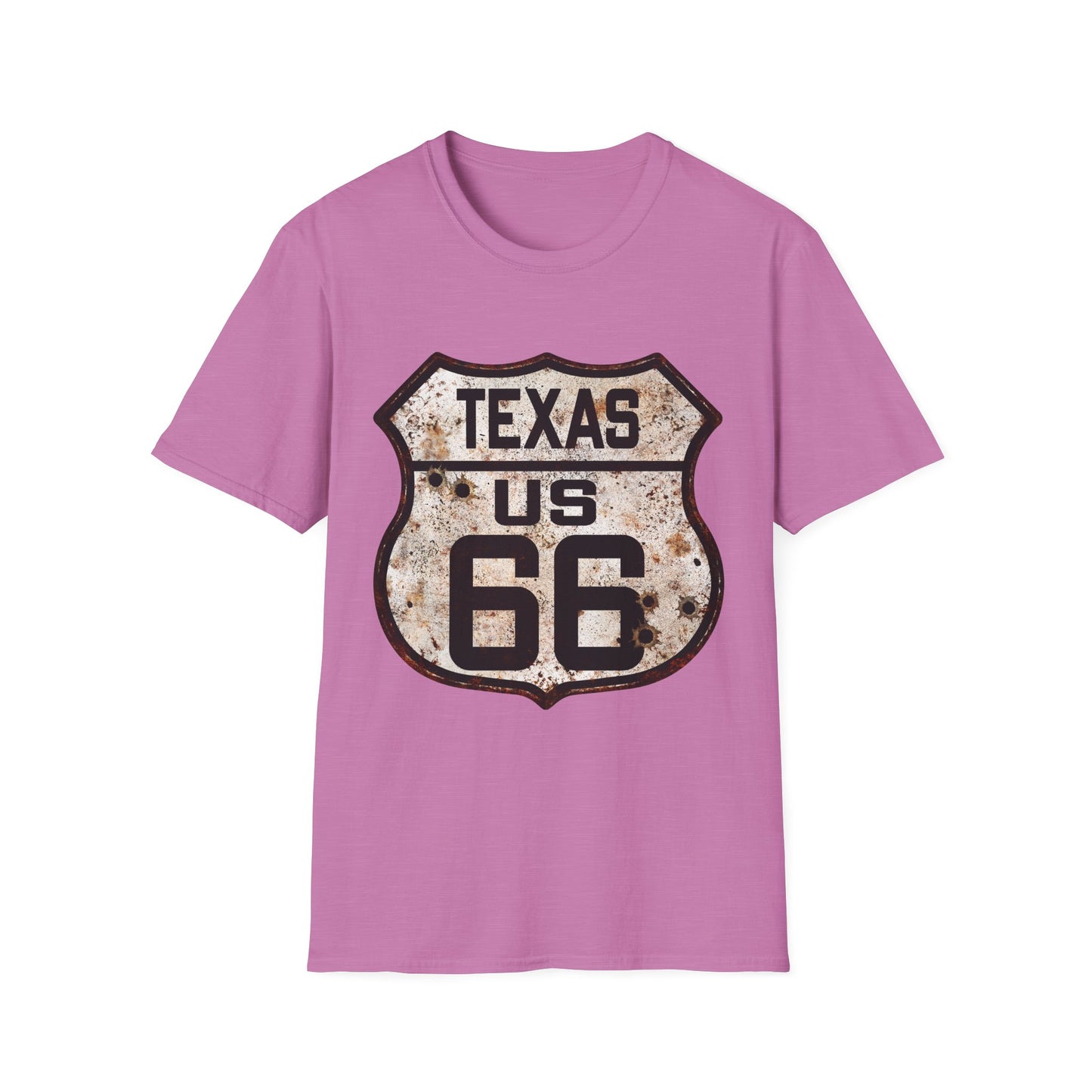 Vintage Texas Route 66 Tee, Rusty Look with Bullet Holes on Route 66 Shield Unisex Softstyle T-Shirt