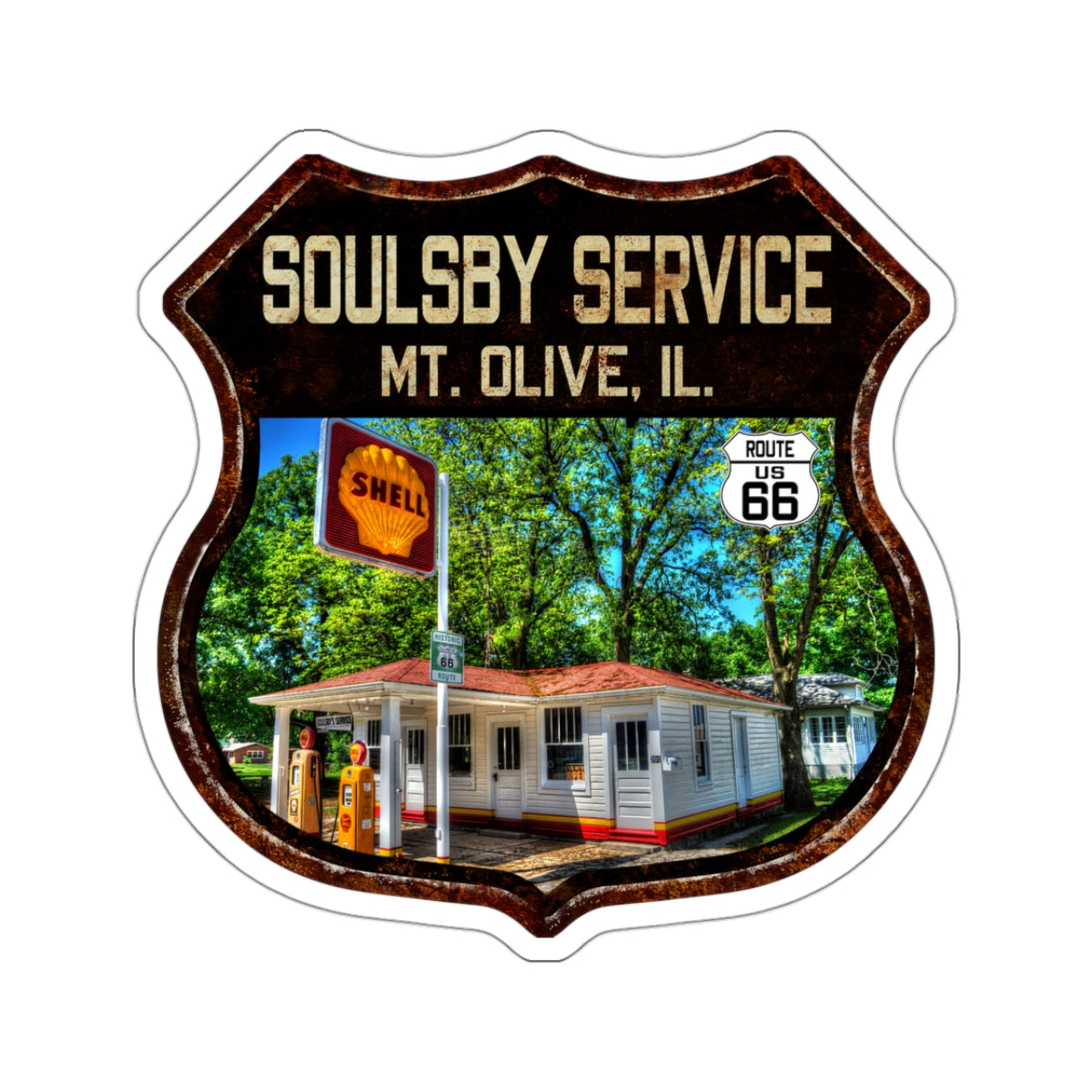 Sticker Soulsby Service Station Route 66 Illinois Shield Kiss-Cut Stickers