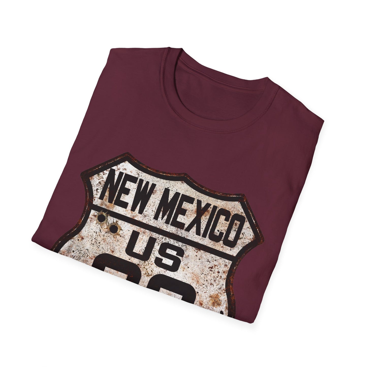 Vintage New Mexico Route 66 Tee, Rusty Look with Bullet Holes on Route 66 Shield Unisex Softstyle T-Shirt