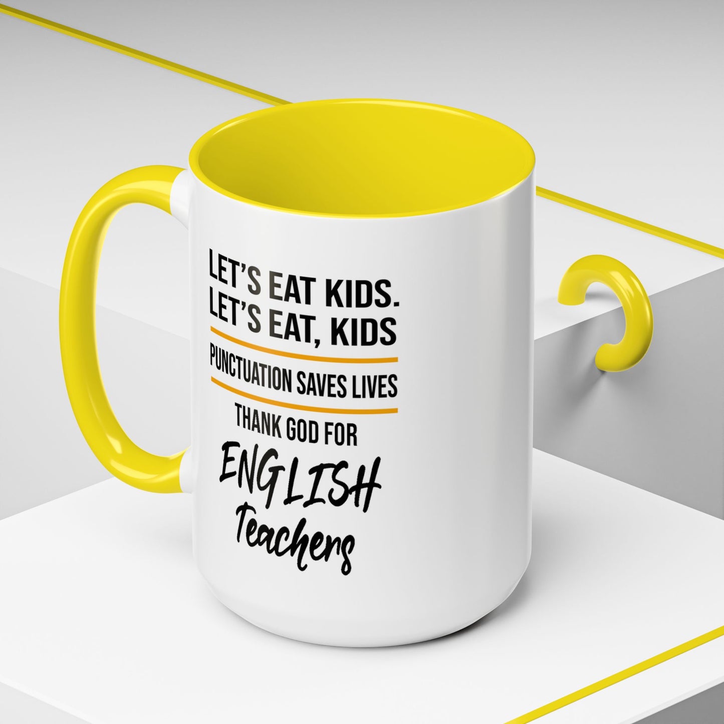 Let's Eat Kids Funny Punctuation Saves Lives Mug, Funny Teacher Mug, Funny Teacher Gift, English Teacher Mug, Grammar Police Mug A0017-002 Accent Coffee Mug (11, 15oz)