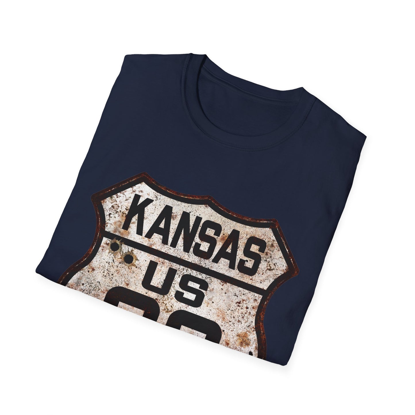 Vintage Kansas Route 66 Tee, Rusty Look with Bullet Holes on Route 66 Shield Unisex Softstyle T-Shirt