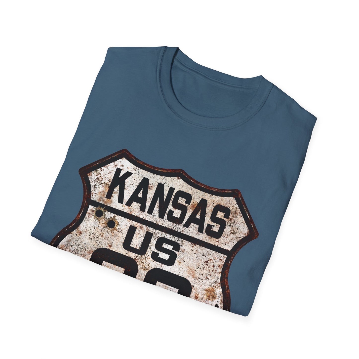 Vintage Kansas Route 66 Tee, Rusty Look with Bullet Holes on Route 66 Shield Unisex Softstyle T-Shirt