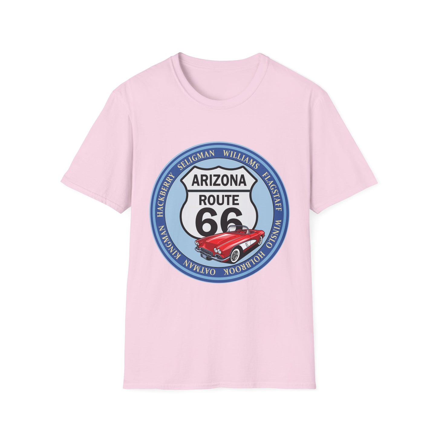 Arizona Route 66 Tee Round Route 66 Sign with City Names Unisex Softstyle T-Shirt