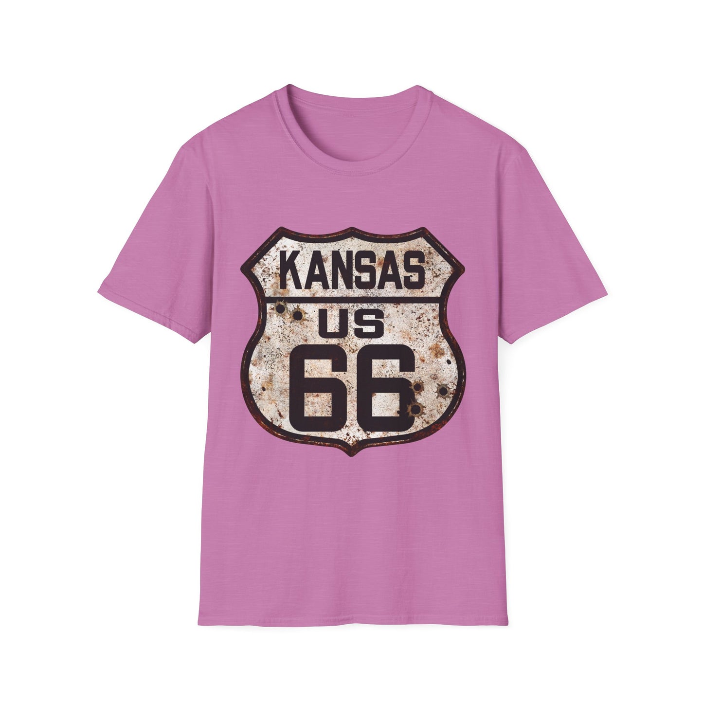 Vintage Kansas Route 66 Tee, Rusty Look with Bullet Holes on Route 66 Shield Unisex Softstyle T-Shirt