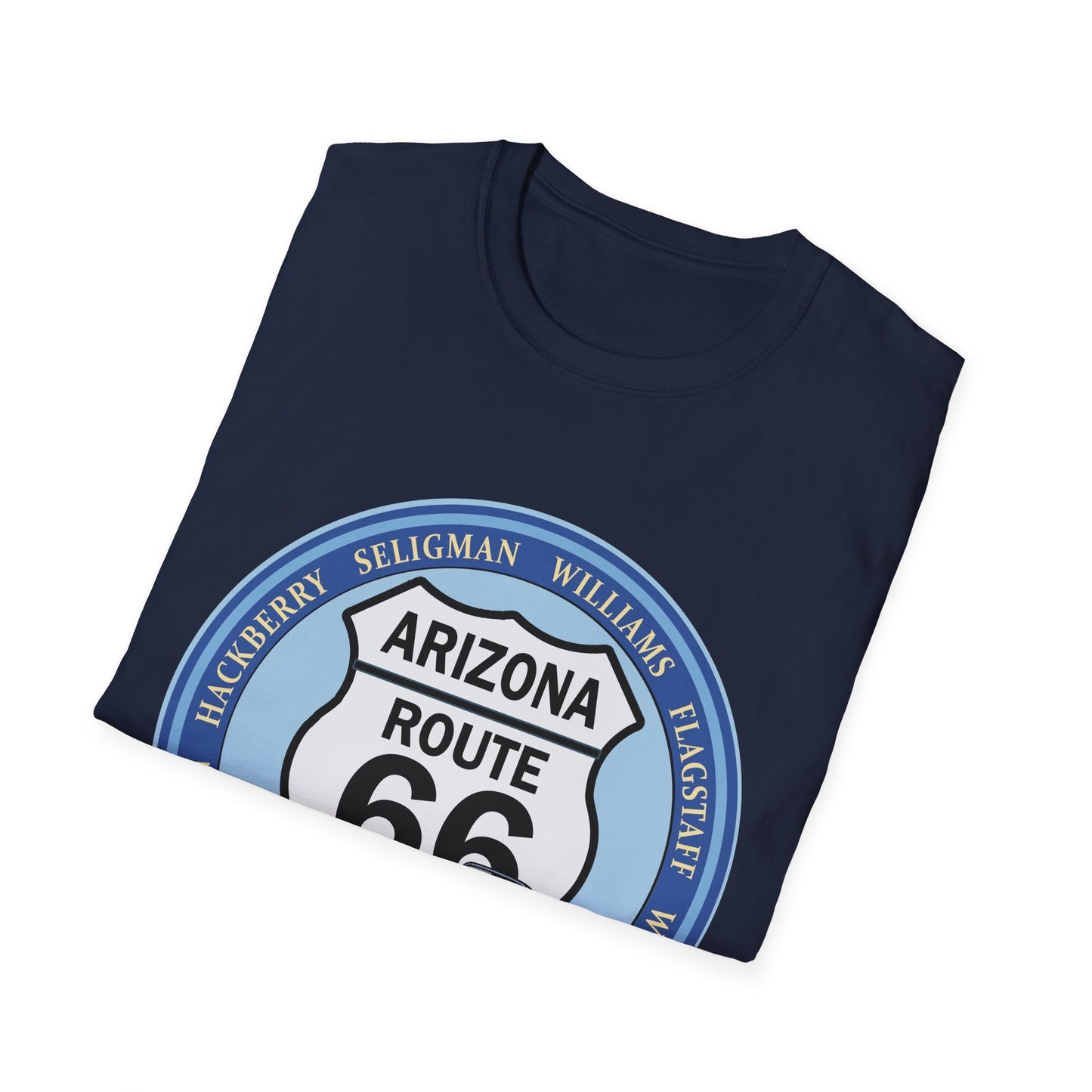 Arizona Route 66 Tee Round Route 66 Sign with City Names Unisex Softstyle T-Shirt