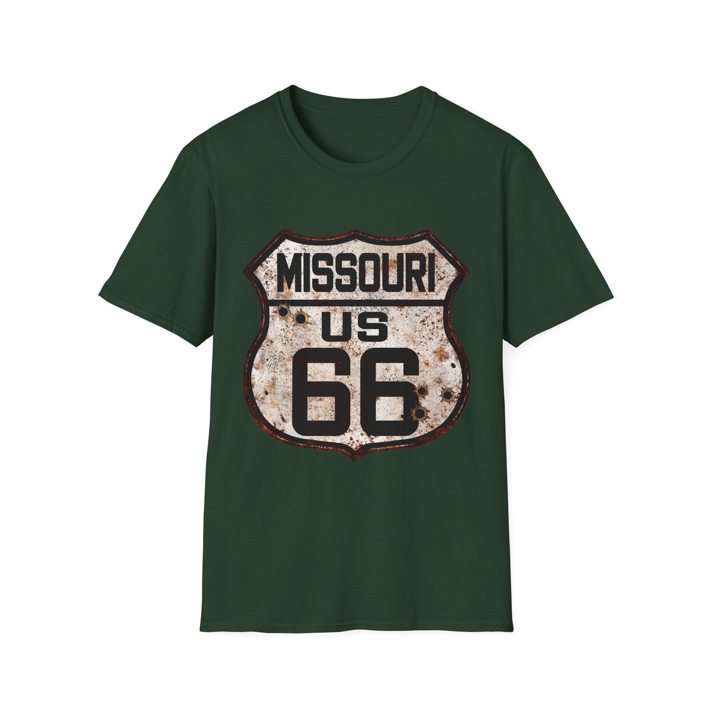 Vintage Missouri Route 66 Tee, Rusty Look with Bullet Holes on Route 66 Shield Unisex Softstyle T-Shirt