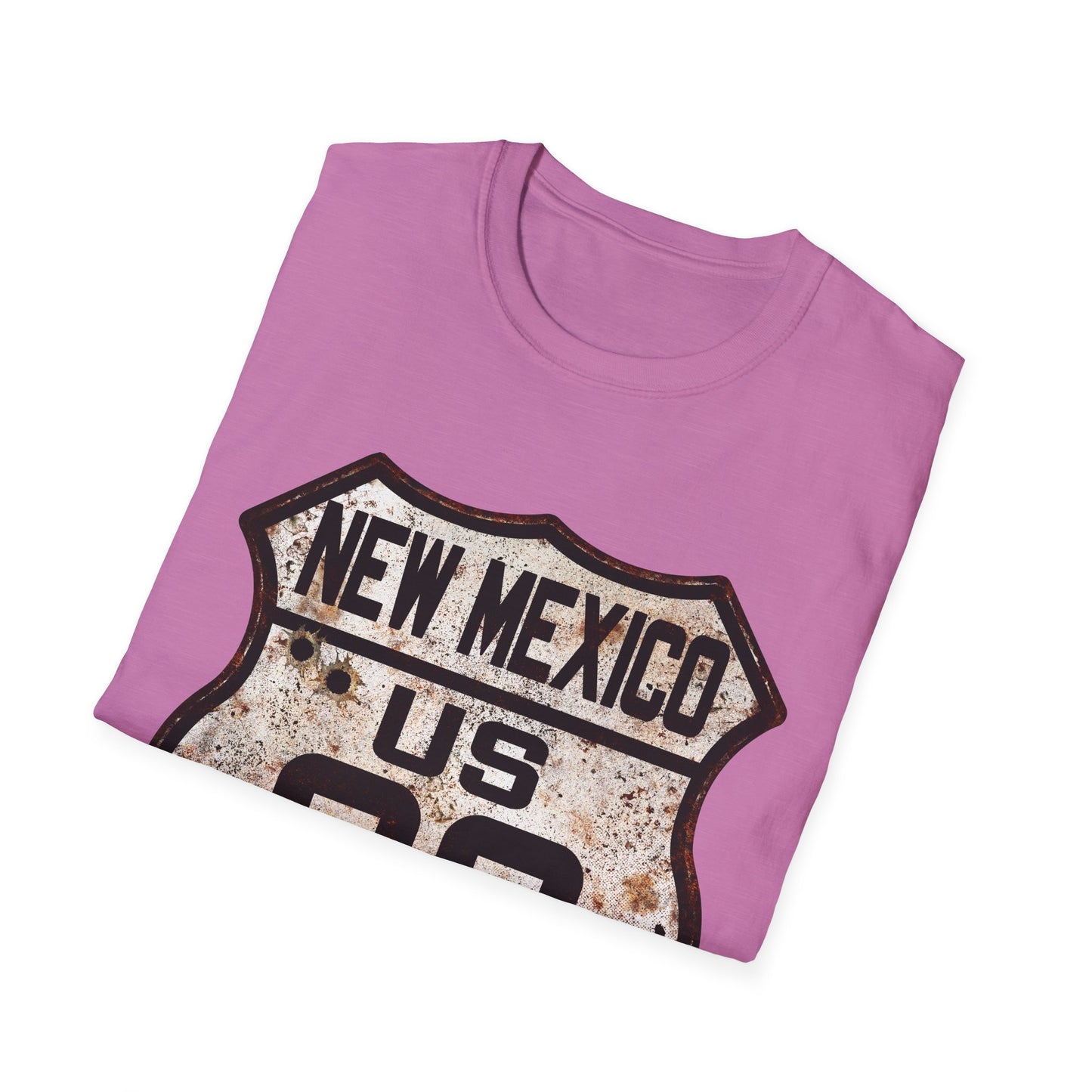 Vintage New Mexico Route 66 Tee, Rusty Look with Bullet Holes on Route 66 Shield Unisex Softstyle T-Shirt