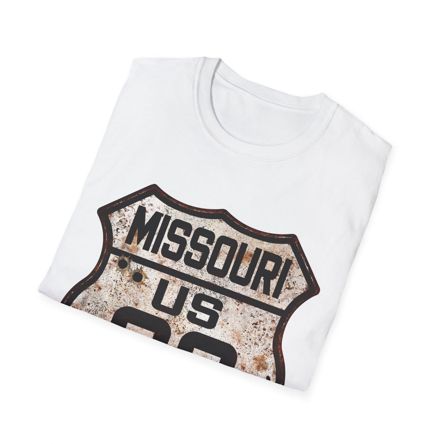 Vintage Missouri Route 66 Tee, Rusty Look with Bullet Holes on Route 66 Shield Unisex Softstyle T-Shirt