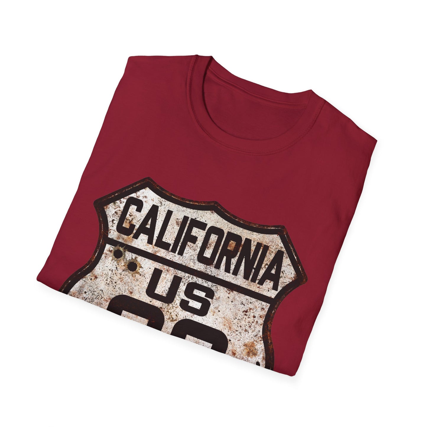 Vintage California Route 66 Tee, Rusty Look with Bullet Holes on Route 66 Shield Unisex Softstyle T-Shirt