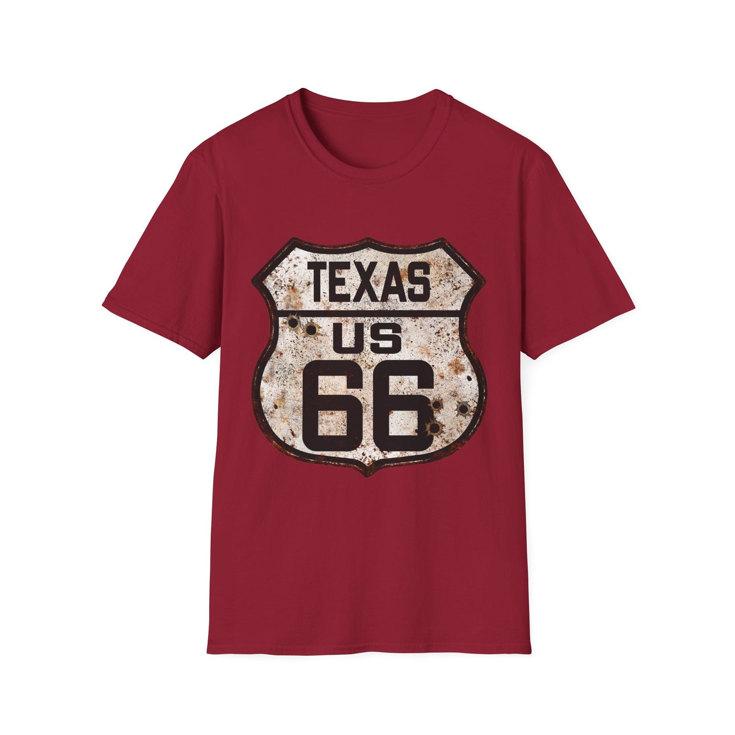 Vintage Texas Route 66 Tee, Rusty Look with Bullet Holes on Route 66 Shield Unisex Softstyle T-Shirt