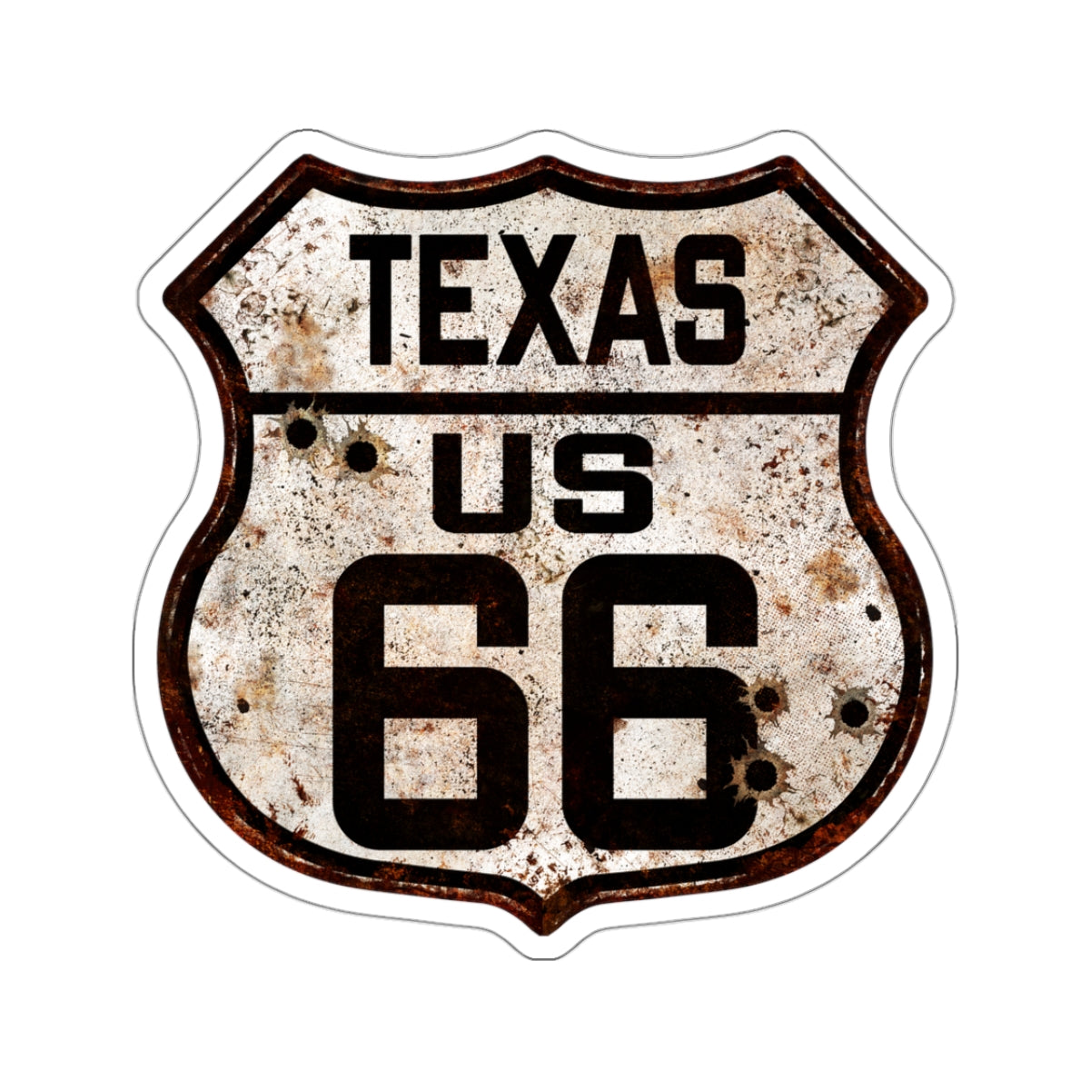 Sticker Vintage Texas Route 66 Shield with Bullet Holes Kiss-Cut Stickers