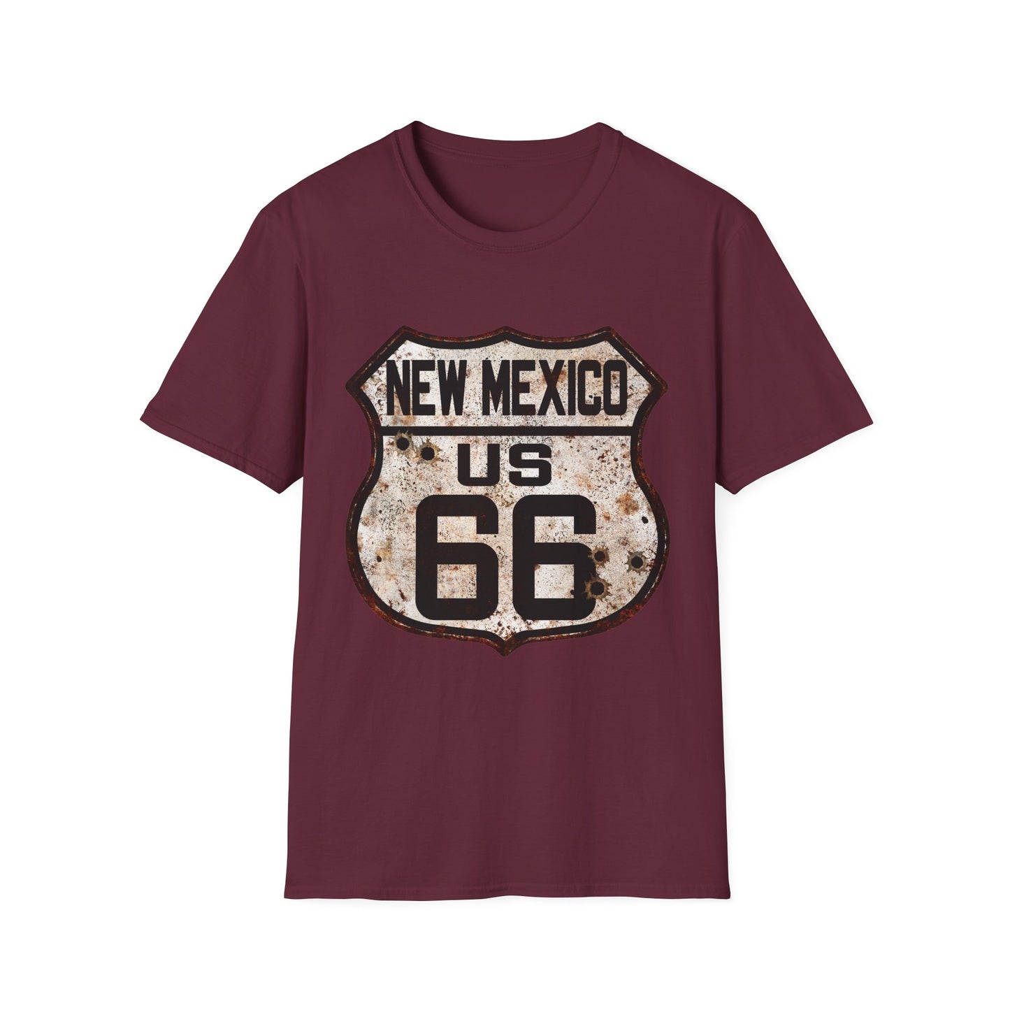 Vintage New Mexico Route 66 Tee, Rusty Look with Bullet Holes on Route 66 Shield Unisex Softstyle T-Shirt