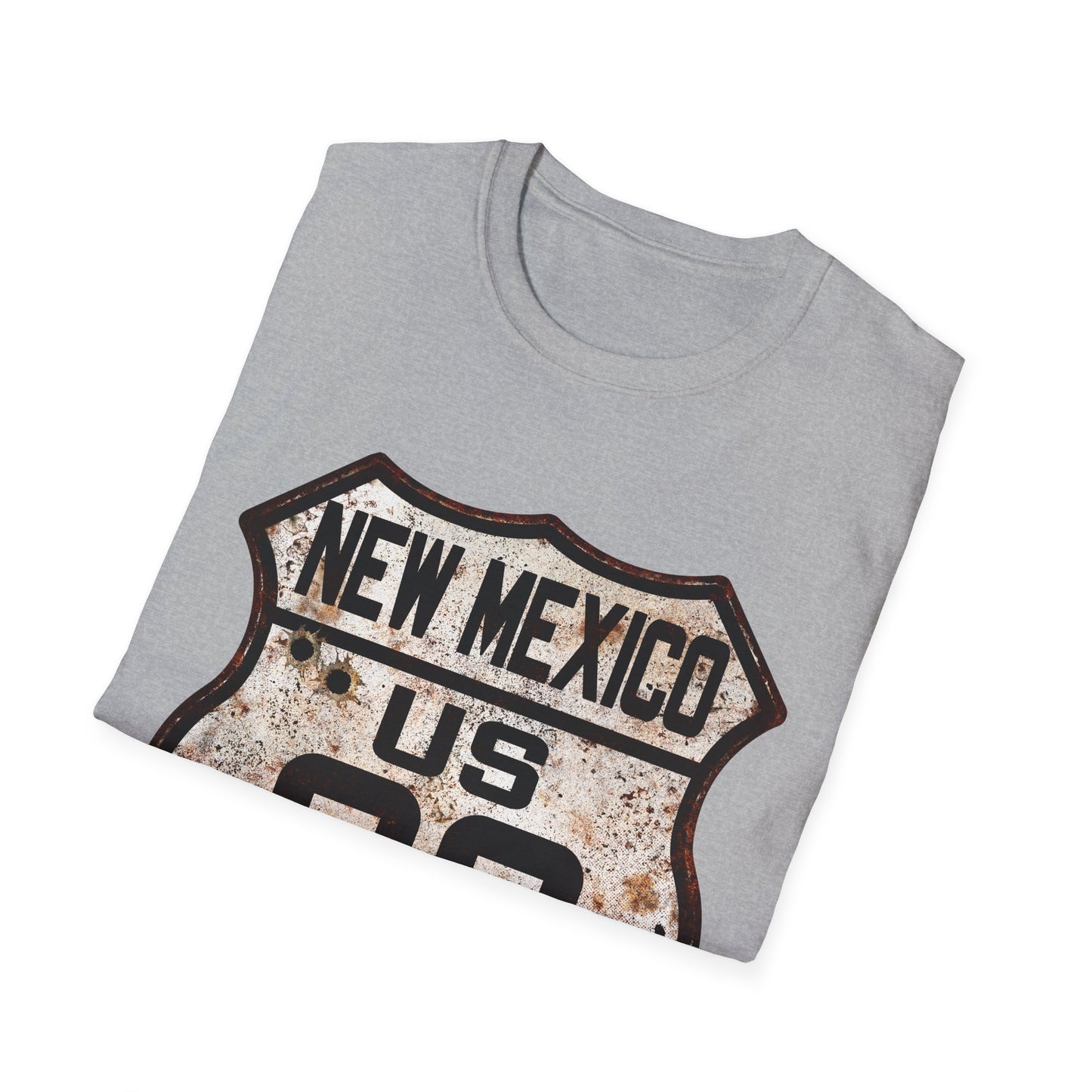 Vintage New Mexico Route 66 Tee, Rusty Look with Bullet Holes on Route 66 Shield Unisex Softstyle T-Shirt