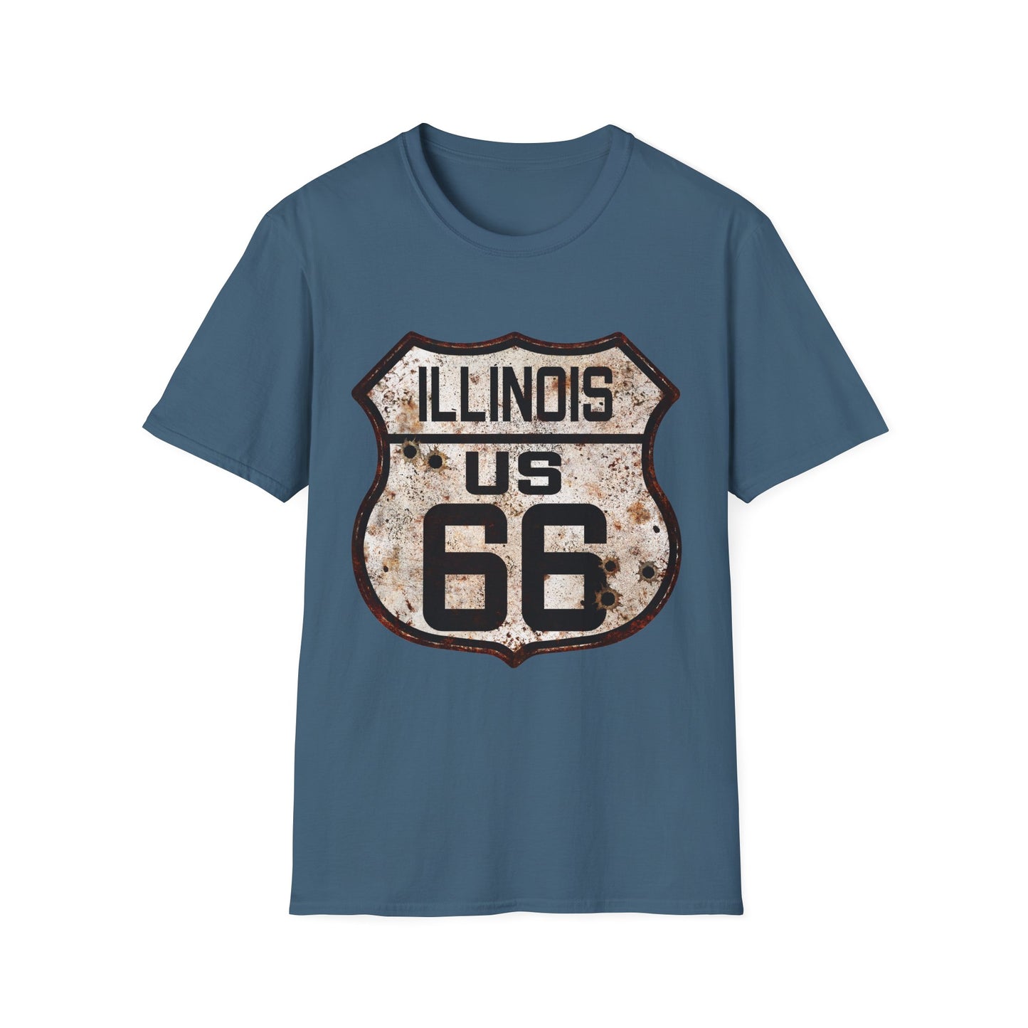 Vintage Illinois Route 66 Tee, Rusty Look with Bullet Holes on Route 66 Shield Unisex Softstyle T-Shirt