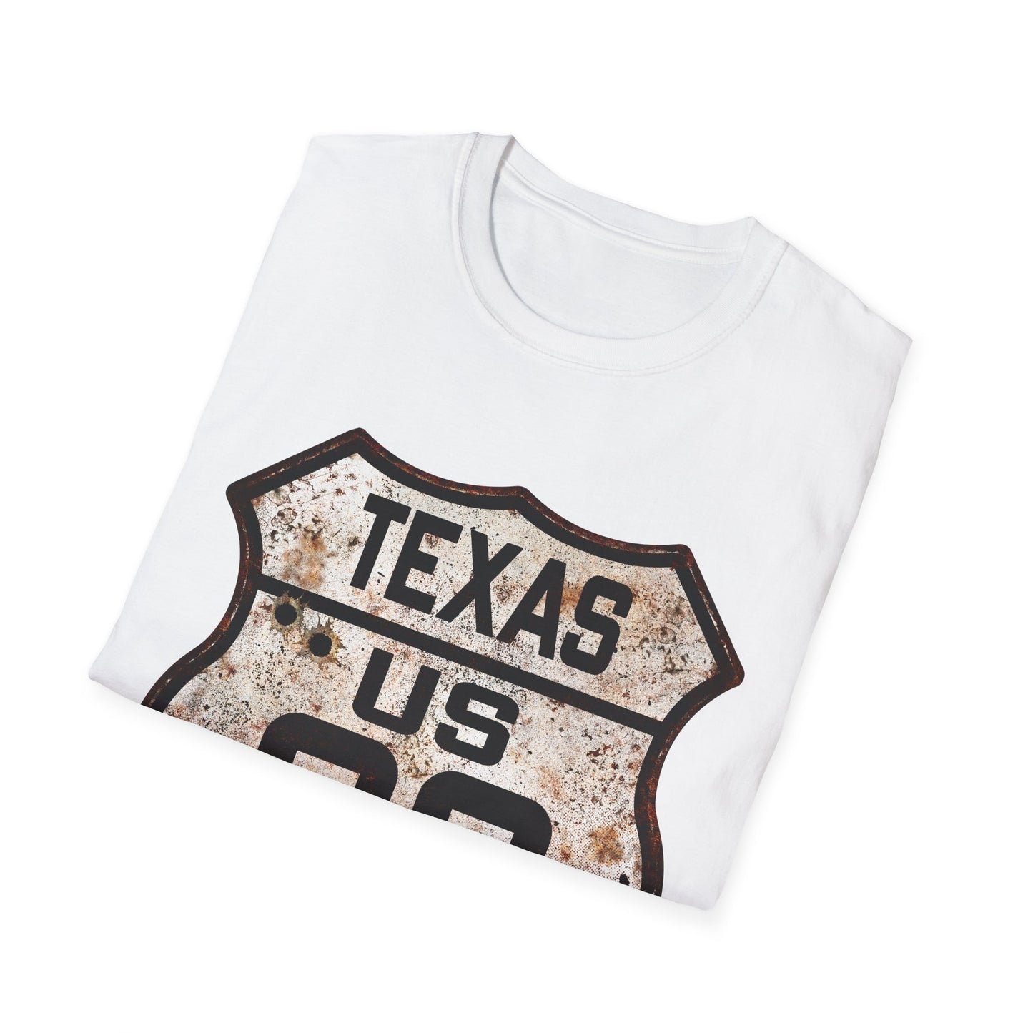 Vintage Texas Route 66 Tee, Rusty Look with Bullet Holes on Route 66 Shield Unisex Softstyle T-Shirt