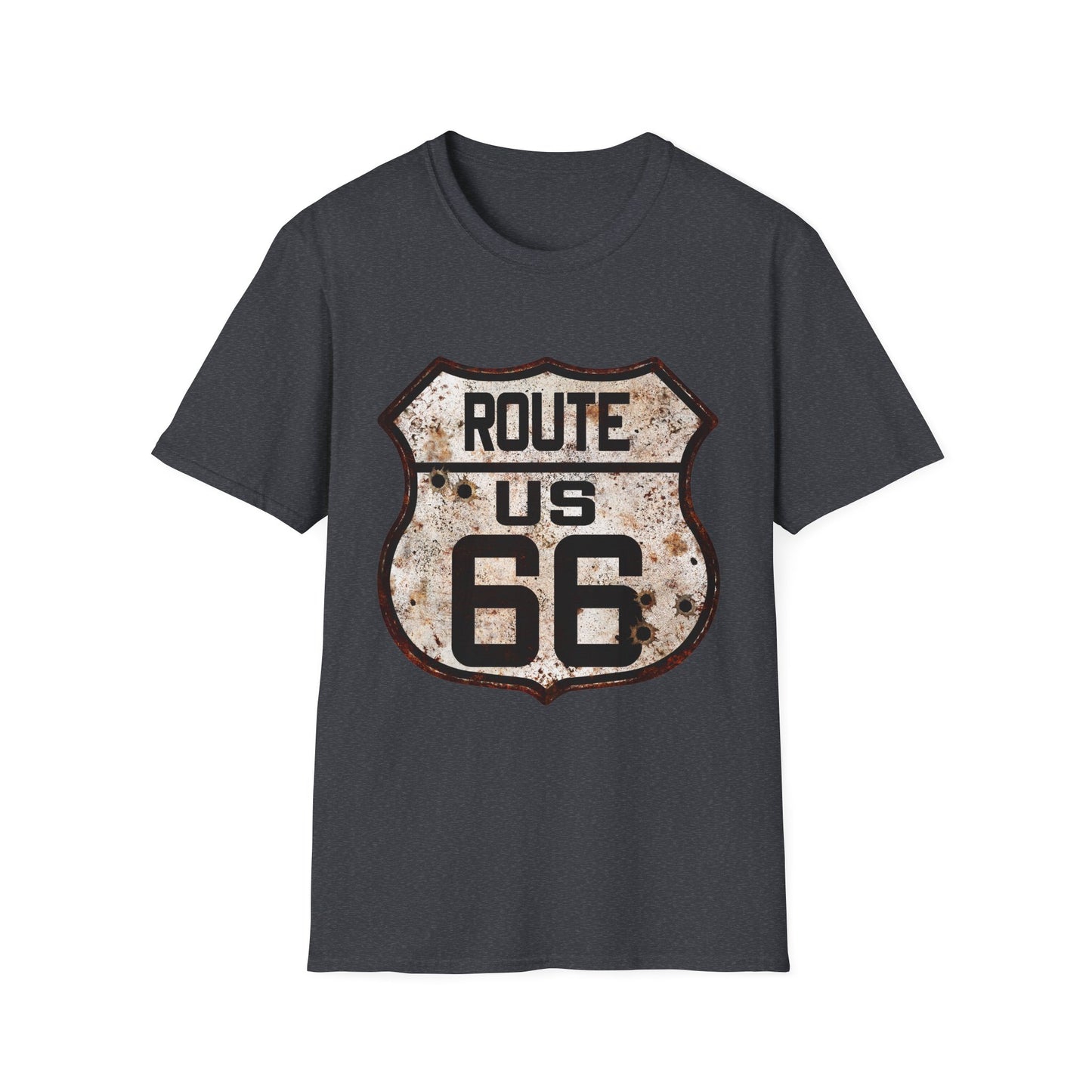 VIntage Route 66 Tee, Rusty Look with Bullet Holes on Route 66 Shield Unisex Softstyle T-Shirt