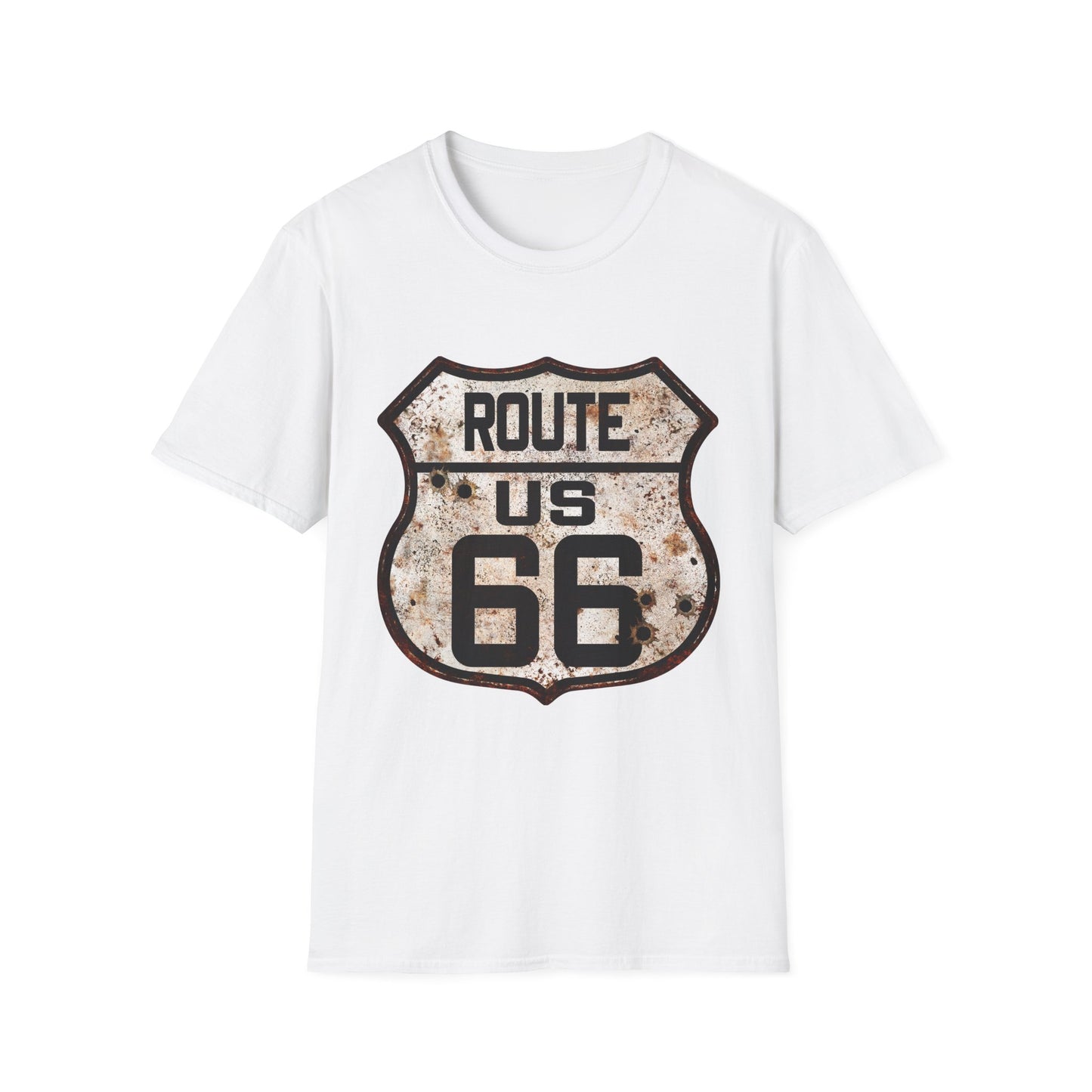 VIntage Route 66 Tee, Rusty Look with Bullet Holes on Route 66 Shield Unisex Softstyle T-Shirt