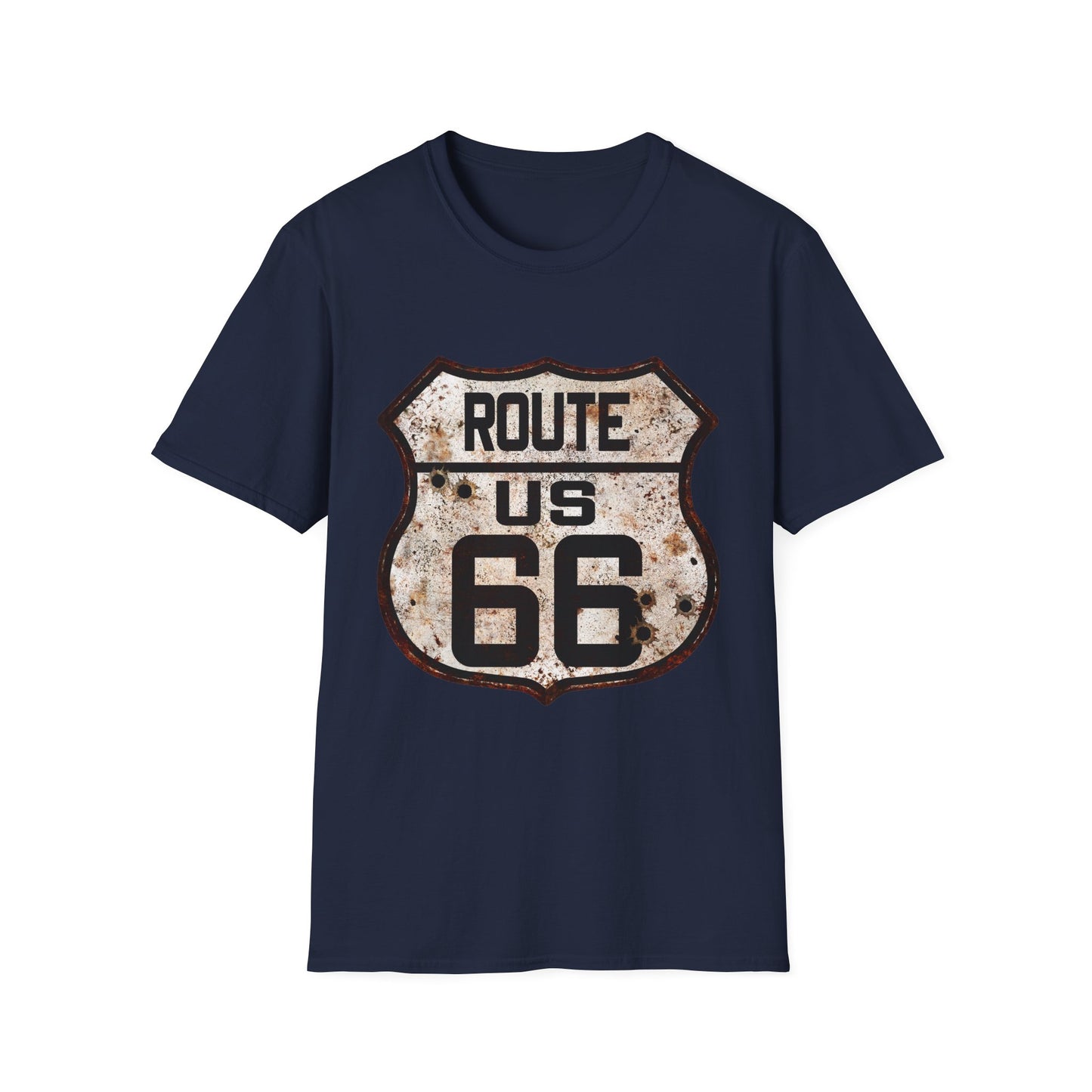 VIntage Route 66 Tee, Rusty Look with Bullet Holes on Route 66 Shield Unisex Softstyle T-Shirt