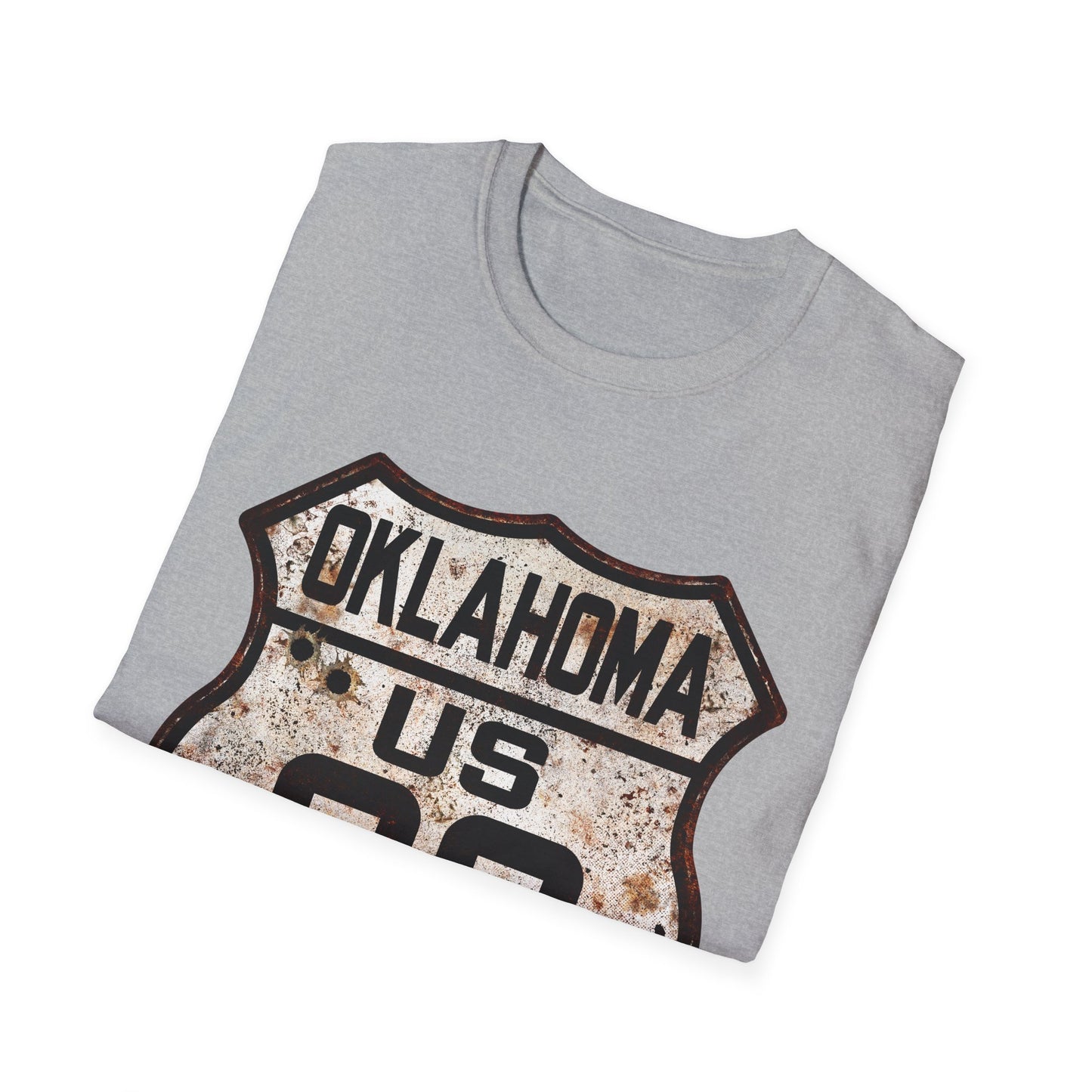 Vintage Oklahoma Route 66 Tee, Rusty Look with Bullet Holes on Route 66 Shield Unisex Softstyle T-Shirt