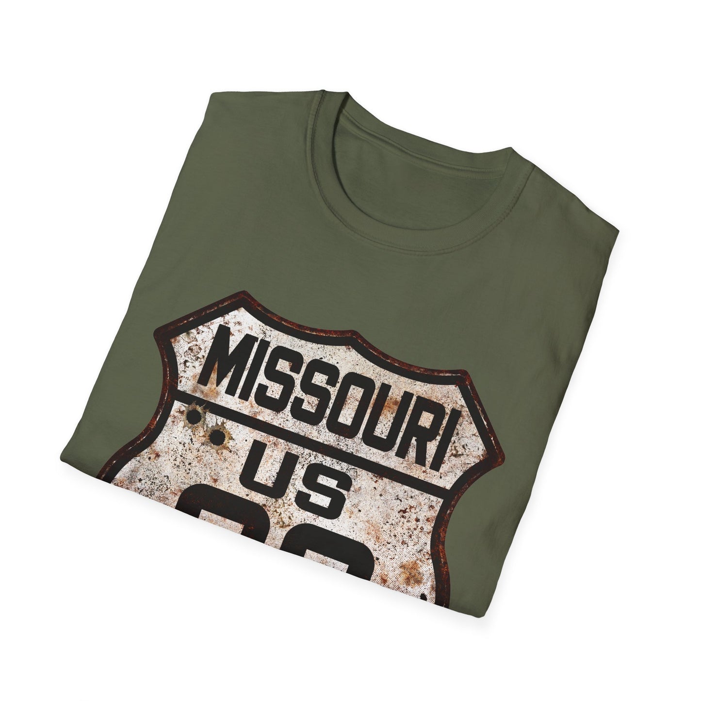 Vintage Missouri Route 66 Tee, Rusty Look with Bullet Holes on Route 66 Shield Unisex Softstyle T-Shirt