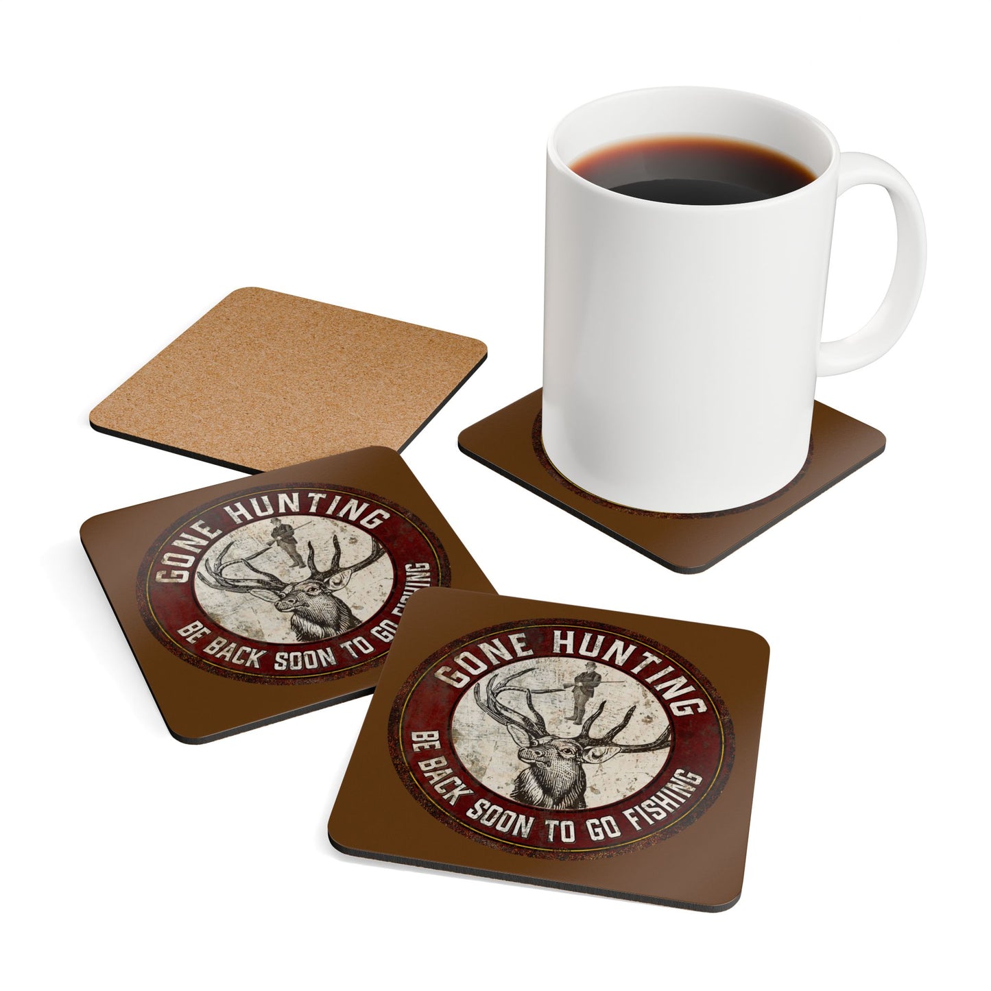 Gone Hunting Be Back in Time to go Fishing Corkwood Coaster Set