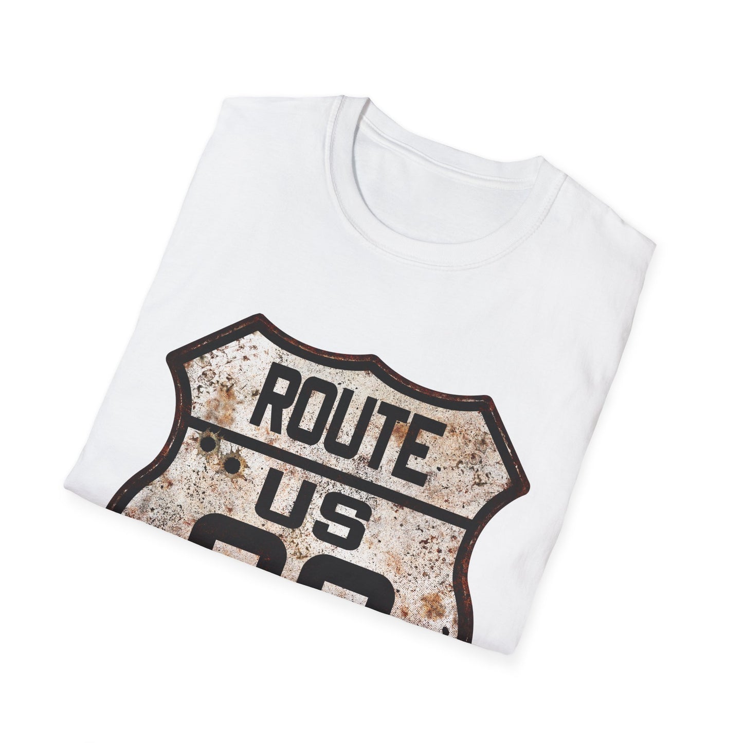 VIntage Route 66 Tee, Rusty Look with Bullet Holes on Route 66 Shield Unisex Softstyle T-Shirt