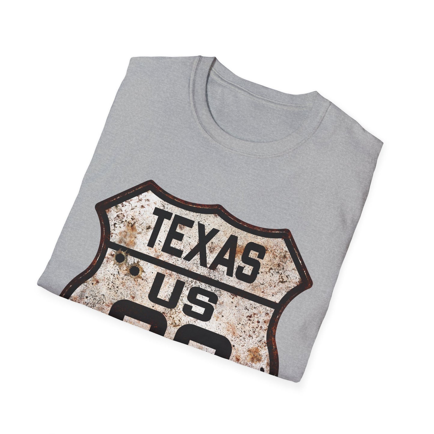 Vintage Texas Route 66 Tee, Rusty Look with Bullet Holes on Route 66 Shield Unisex Softstyle T-Shirt