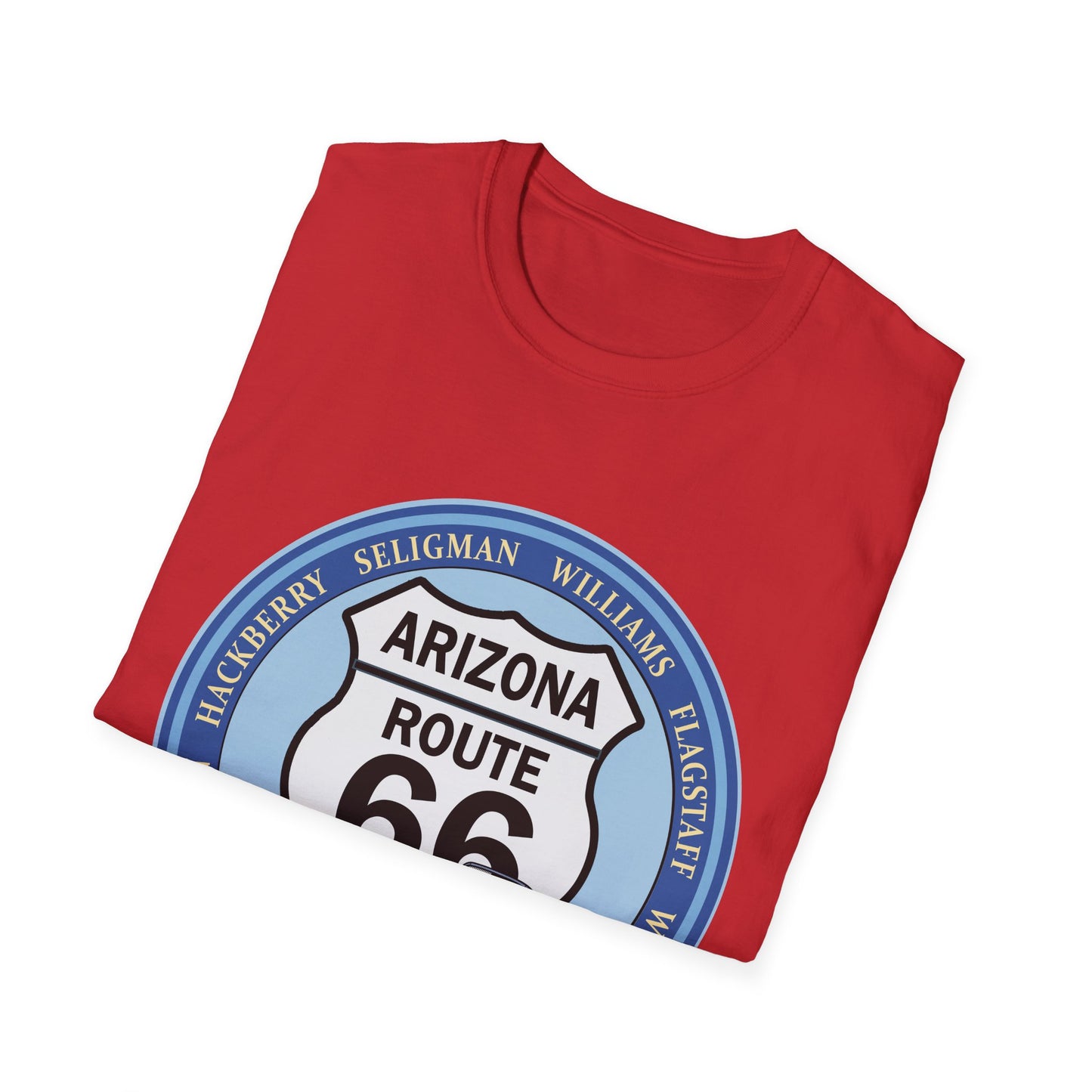 Arizona Route 66 Tee Round Route 66 Sign with City Names Unisex Softstyle T-Shirt