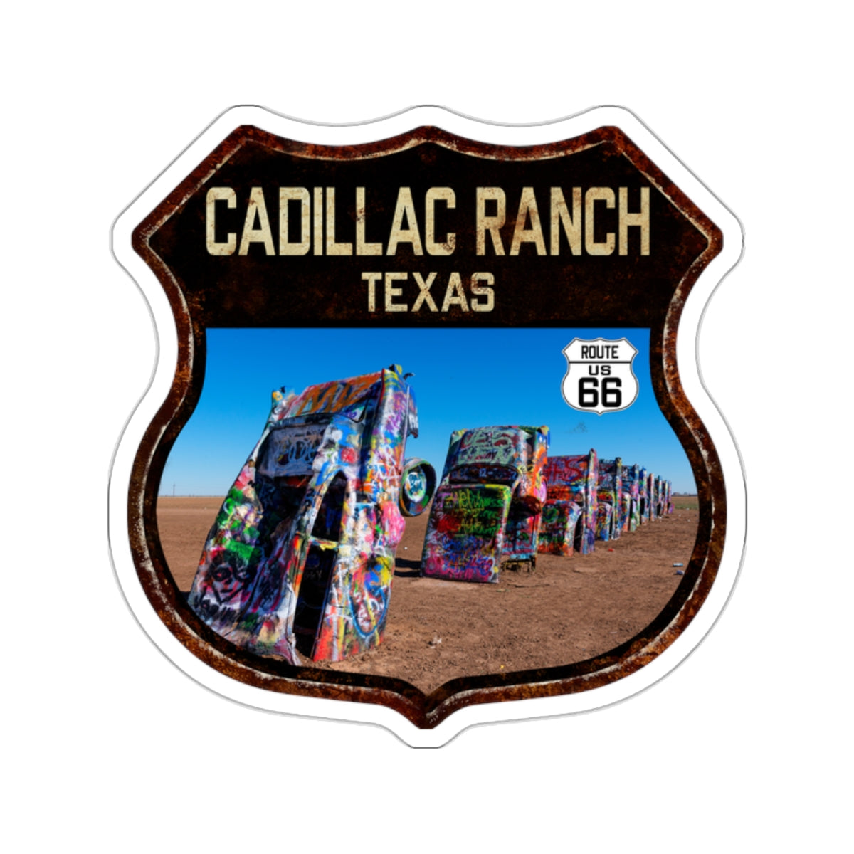 Sticker Cadillac Ranch Route 66 Amarillo Texas Shield Kiss-Cut Stickers