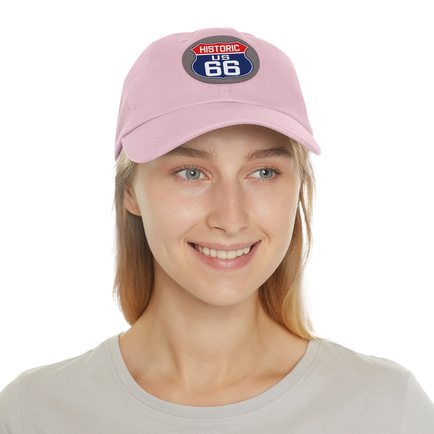 Route 66 Inspired Dad Hat in Red, White and Blue Dad Hat with Leather Patch (Round)