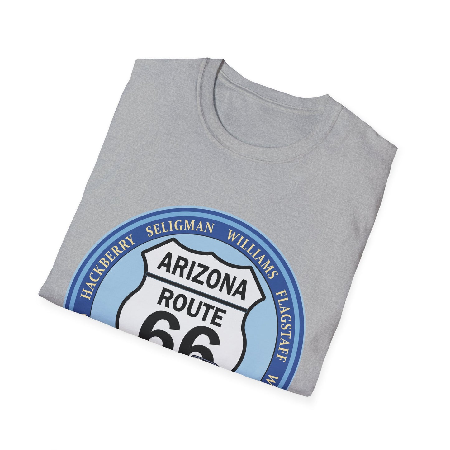 Arizona Route 66 Tee Round Route 66 Sign with City Names Unisex Softstyle T-Shirt