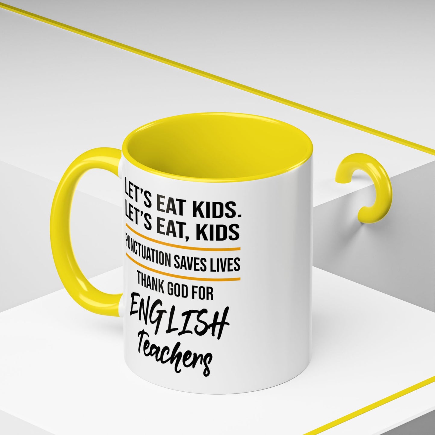 Let's Eat Kids Funny Punctuation Saves Lives Mug, Funny Teacher Mug, Funny Teacher Gift, English Teacher Mug, Grammar Police Mug A0017-002 Accent Coffee Mug (11, 15oz)