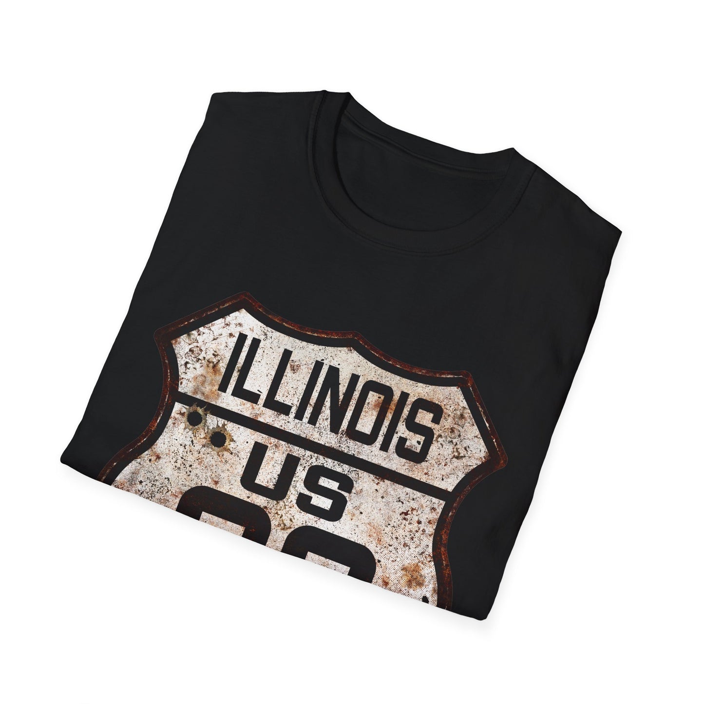 Vintage Illinois Route 66 Tee, Rusty Look with Bullet Holes on Route 66 Shield Unisex Softstyle T-Shirt