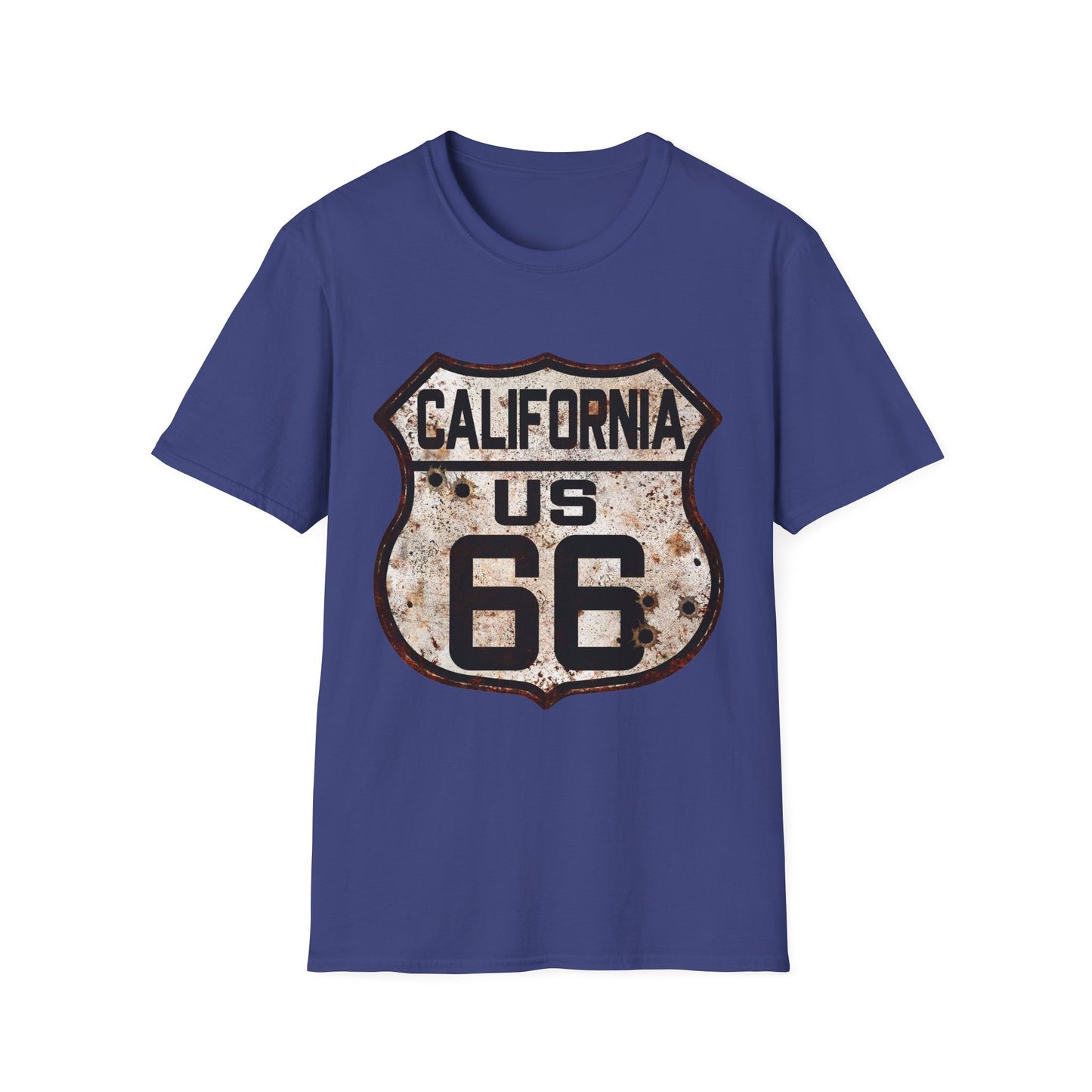 Vintage California Route 66 Tee, Rusty Look with Bullet Holes on Route 66 Shield Unisex Softstyle T-Shirt