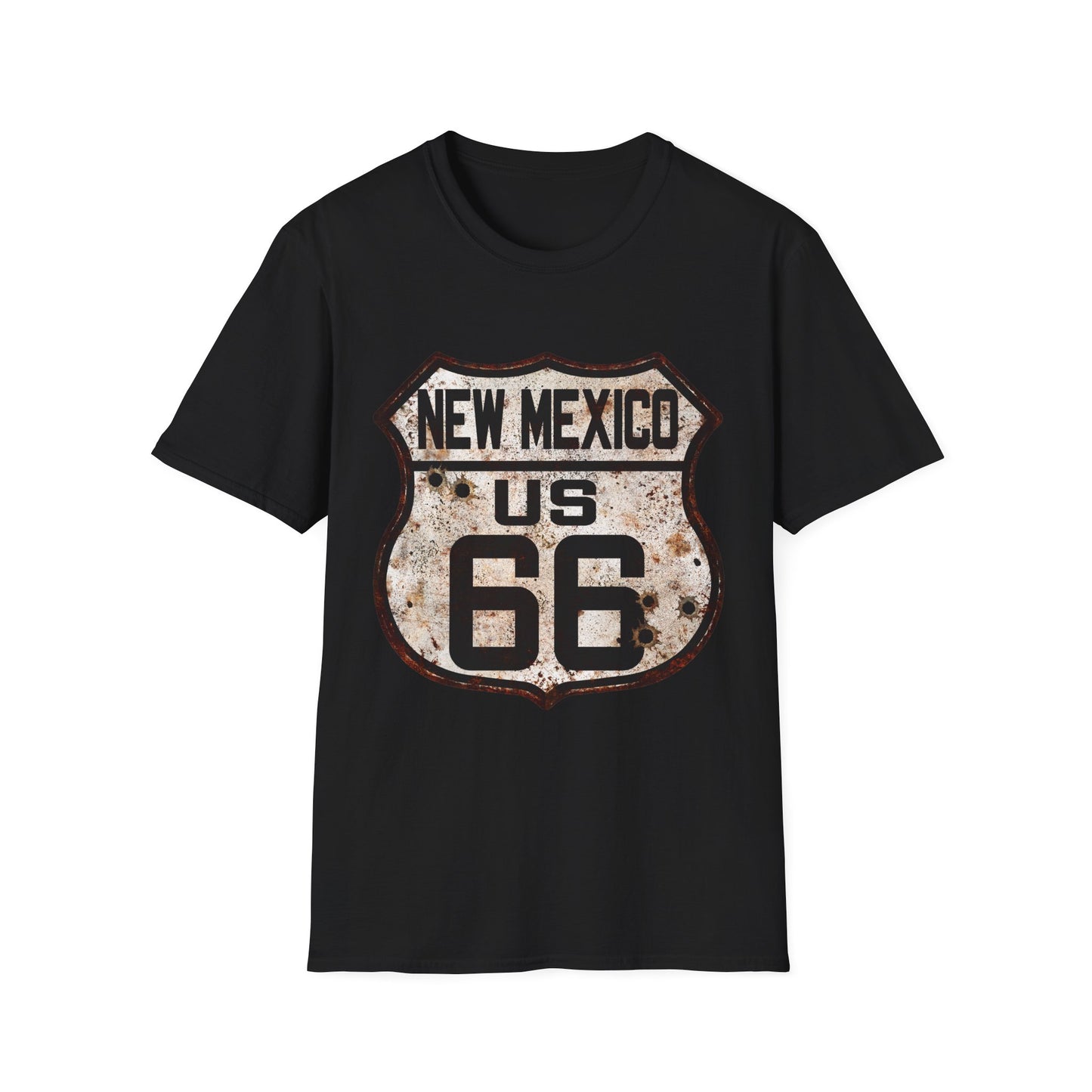 Vintage New Mexico Route 66 Tee, Rusty Look with Bullet Holes on Route 66 Shield Unisex Softstyle T-Shirt