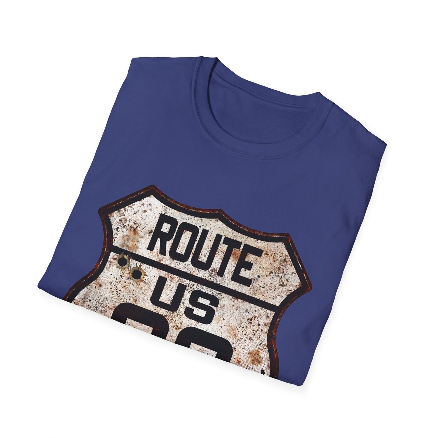 VIntage Route 66 Tee, Rusty Look with Bullet Holes on Route 66 Shield Unisex Softstyle T-Shirt