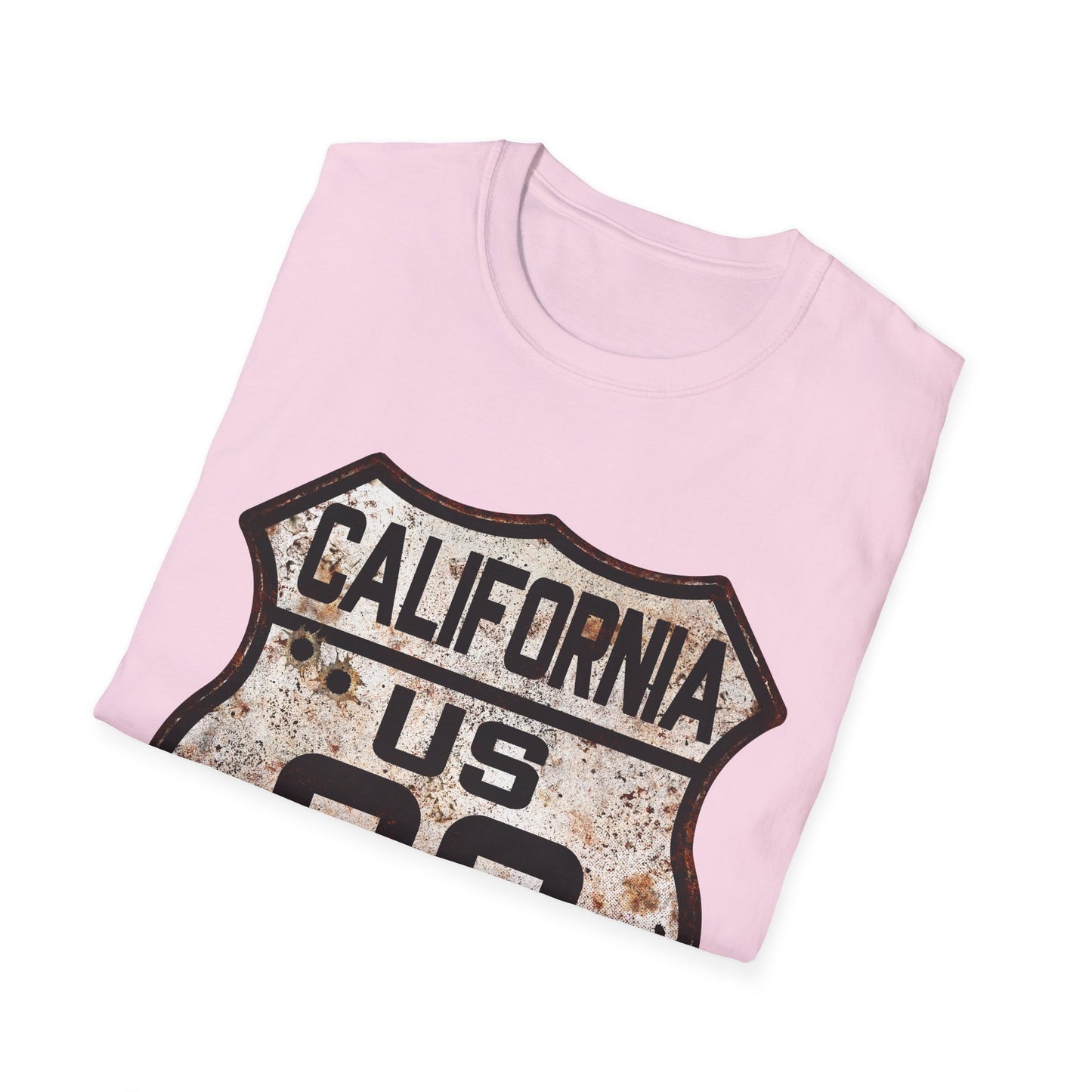 Vintage California Route 66 Tee, Rusty Look with Bullet Holes on Route 66 Shield Unisex Softstyle T-Shirt