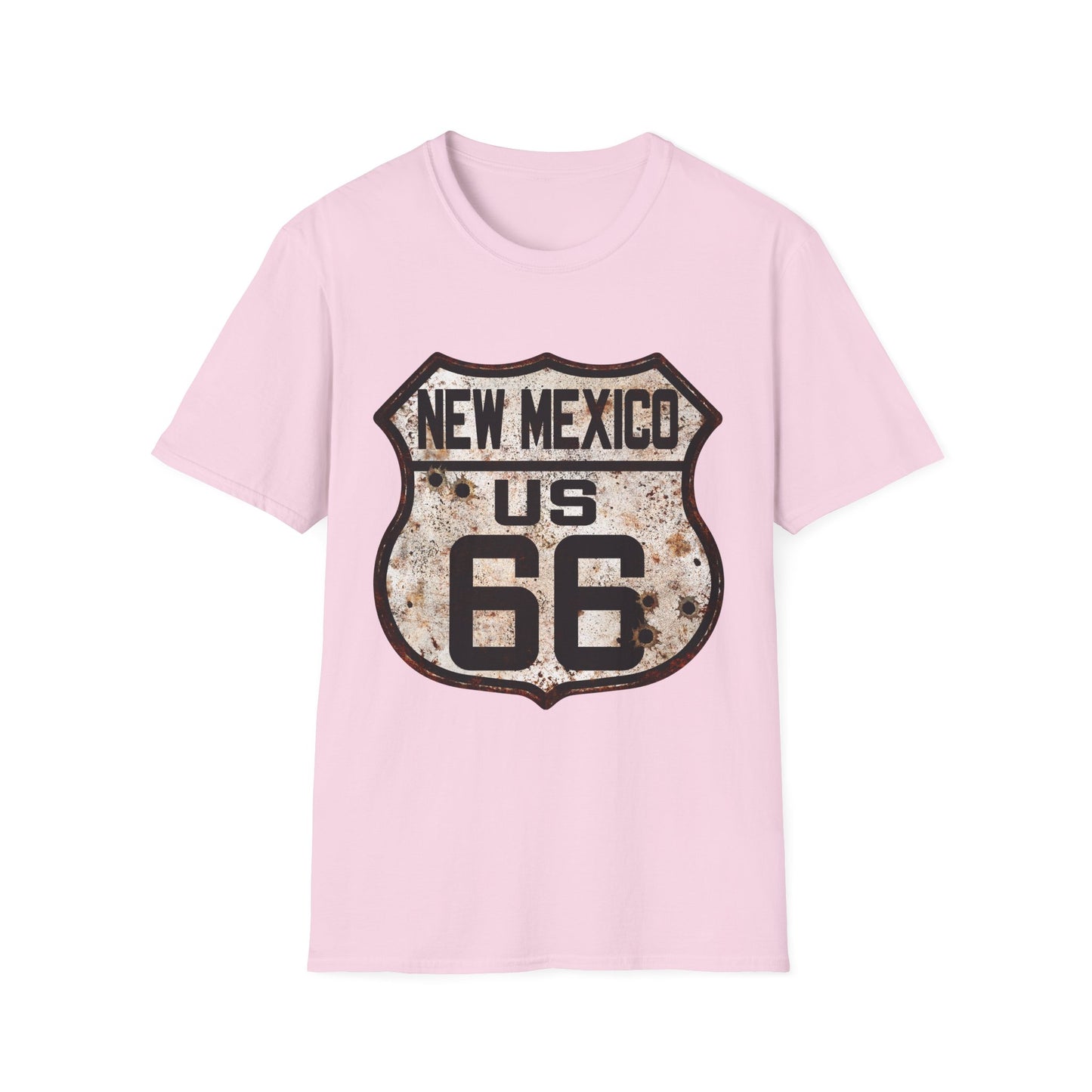 Vintage New Mexico Route 66 Tee, Rusty Look with Bullet Holes on Route 66 Shield Unisex Softstyle T-Shirt