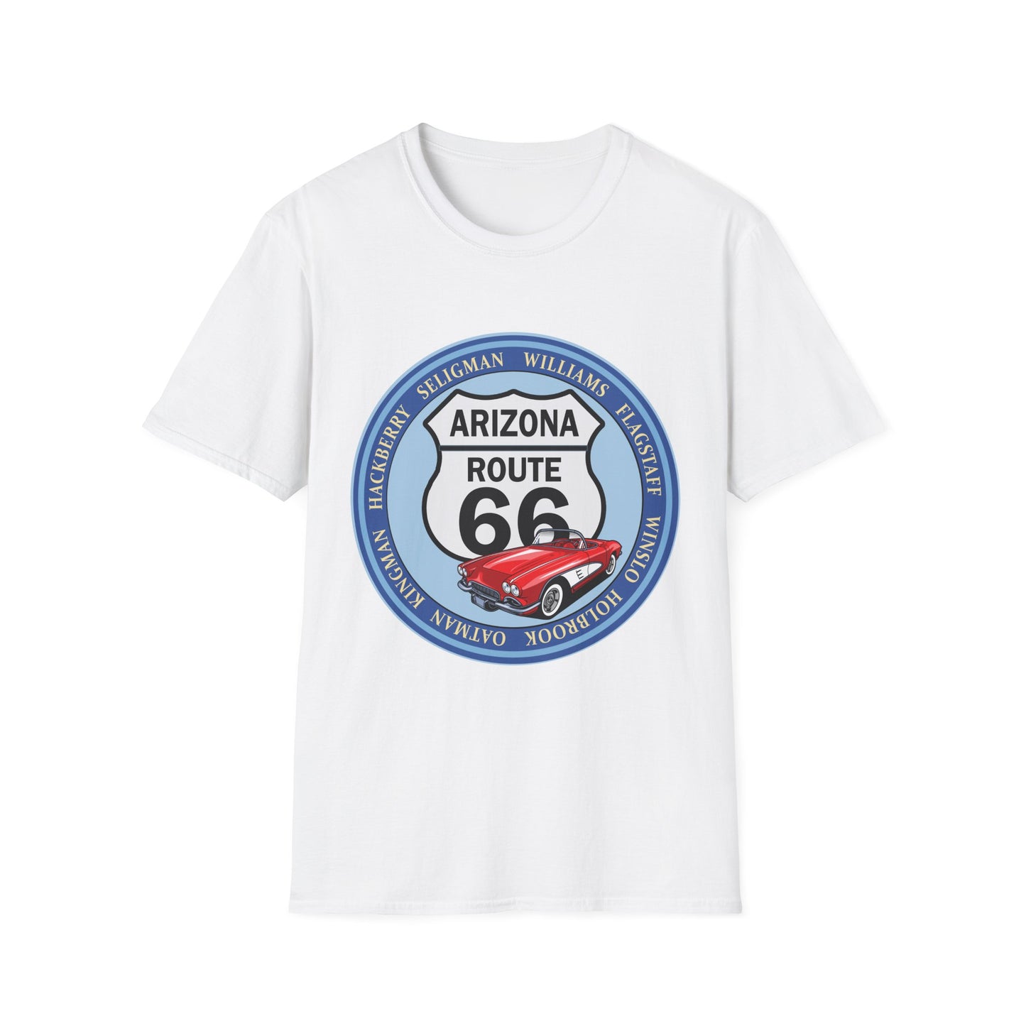 Arizona Route 66 Tee Round Route 66 Sign with City Names Unisex Softstyle T-Shirt