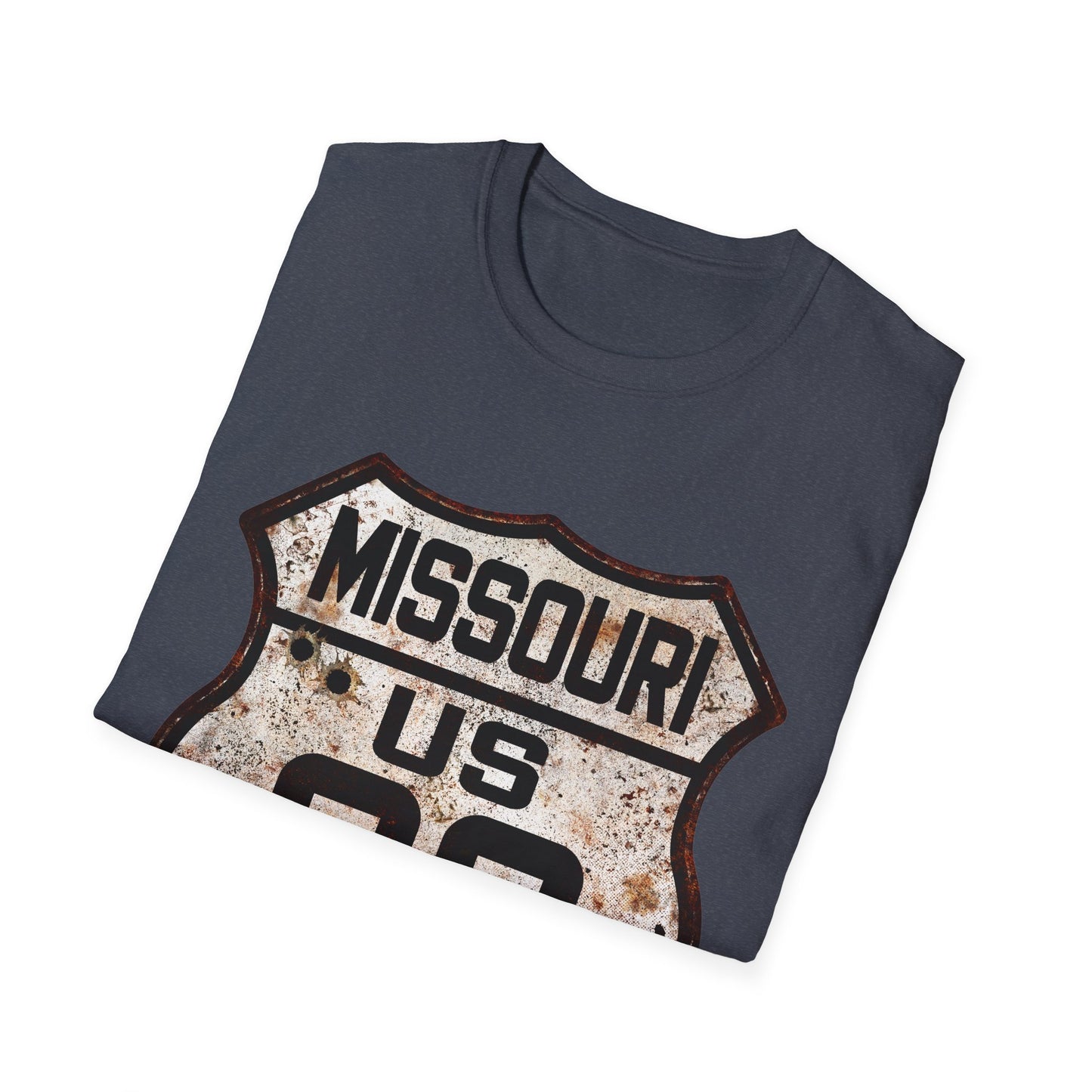 Vintage Missouri Route 66 Tee, Rusty Look with Bullet Holes on Route 66 Shield Unisex Softstyle T-Shirt