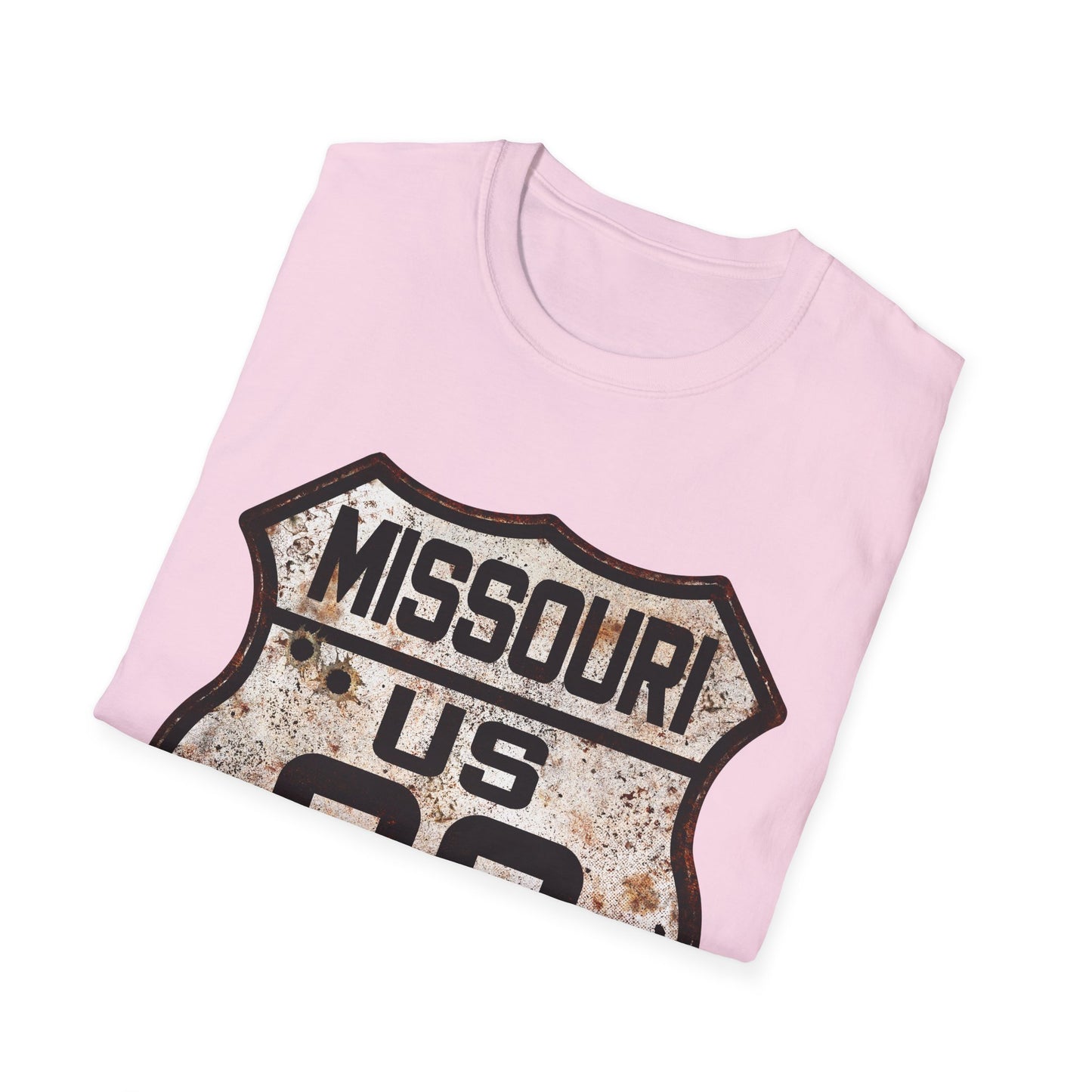 Vintage Missouri Route 66 Tee, Rusty Look with Bullet Holes on Route 66 Shield Unisex Softstyle T-Shirt