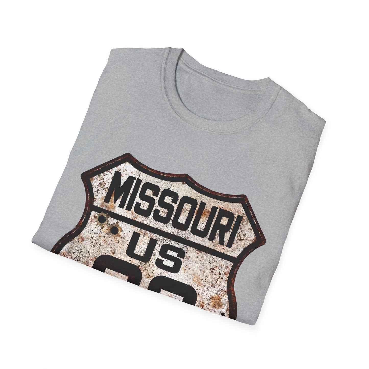 Vintage Missouri Route 66 Tee, Rusty Look with Bullet Holes on Route 66 Shield Unisex Softstyle T-Shirt