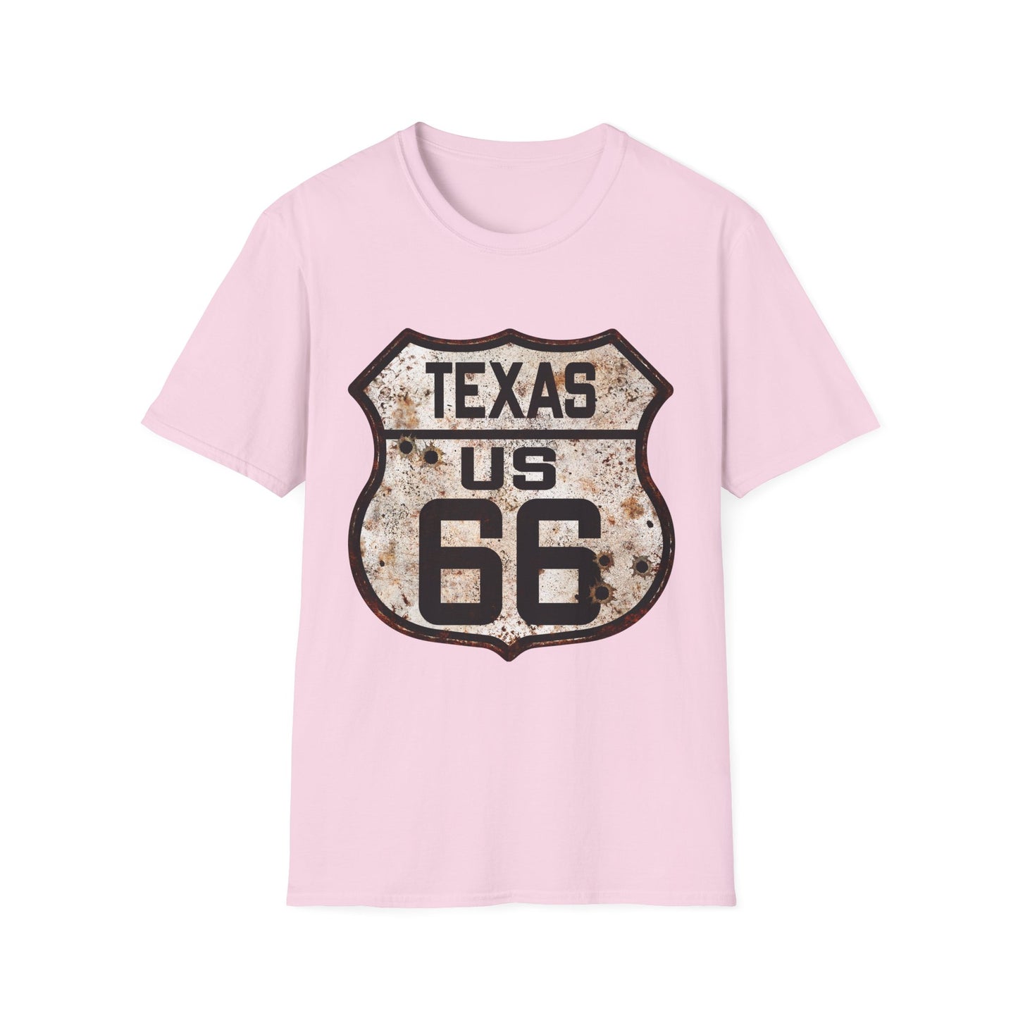 Vintage Texas Route 66 Tee, Rusty Look with Bullet Holes on Route 66 Shield Unisex Softstyle T-Shirt