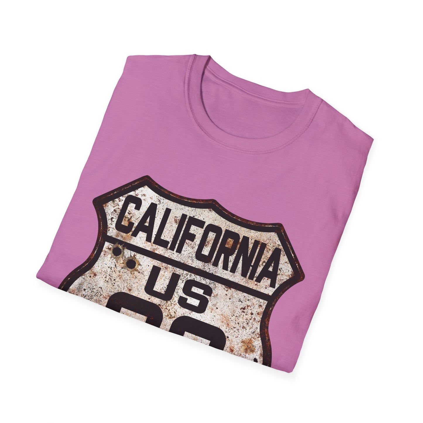 Vintage California Route 66 Tee, Rusty Look with Bullet Holes on Route 66 Shield Unisex Softstyle T-Shirt