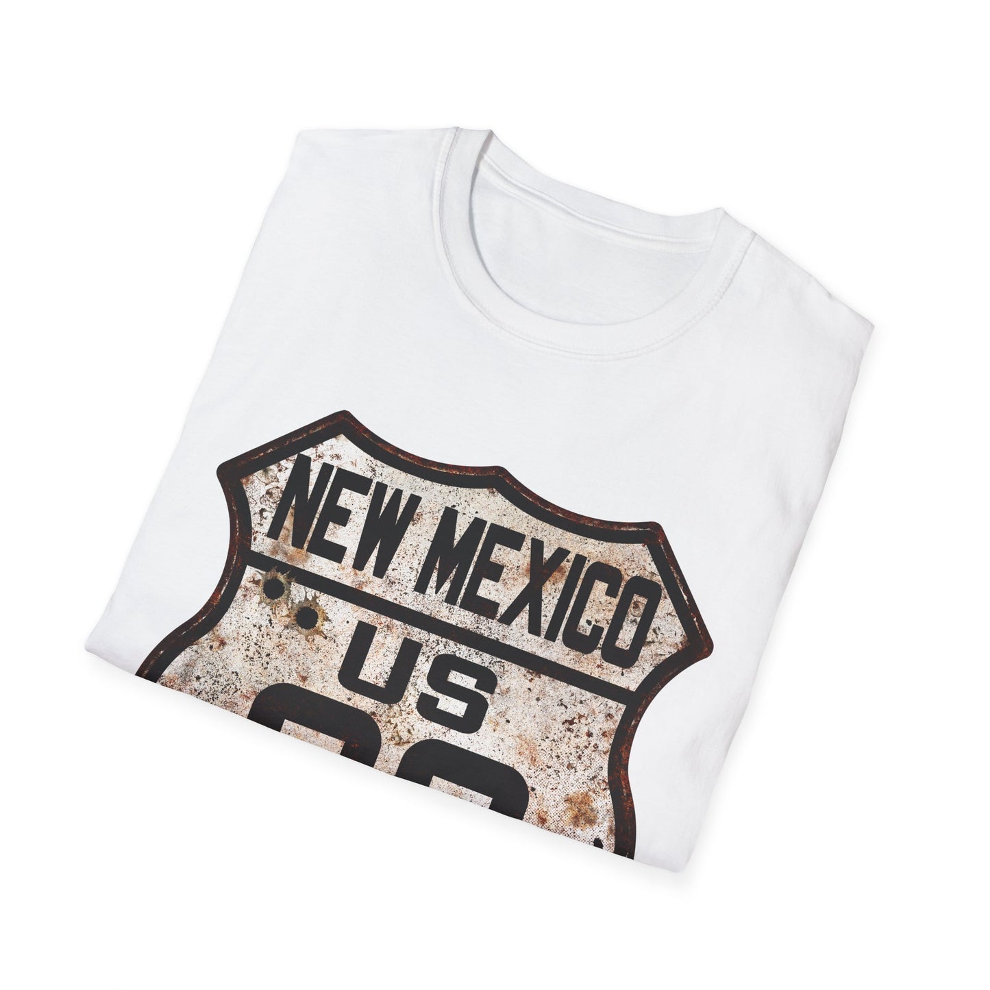 Vintage New Mexico Route 66 Tee, Rusty Look with Bullet Holes on Route 66 Shield Unisex Softstyle T-Shirt