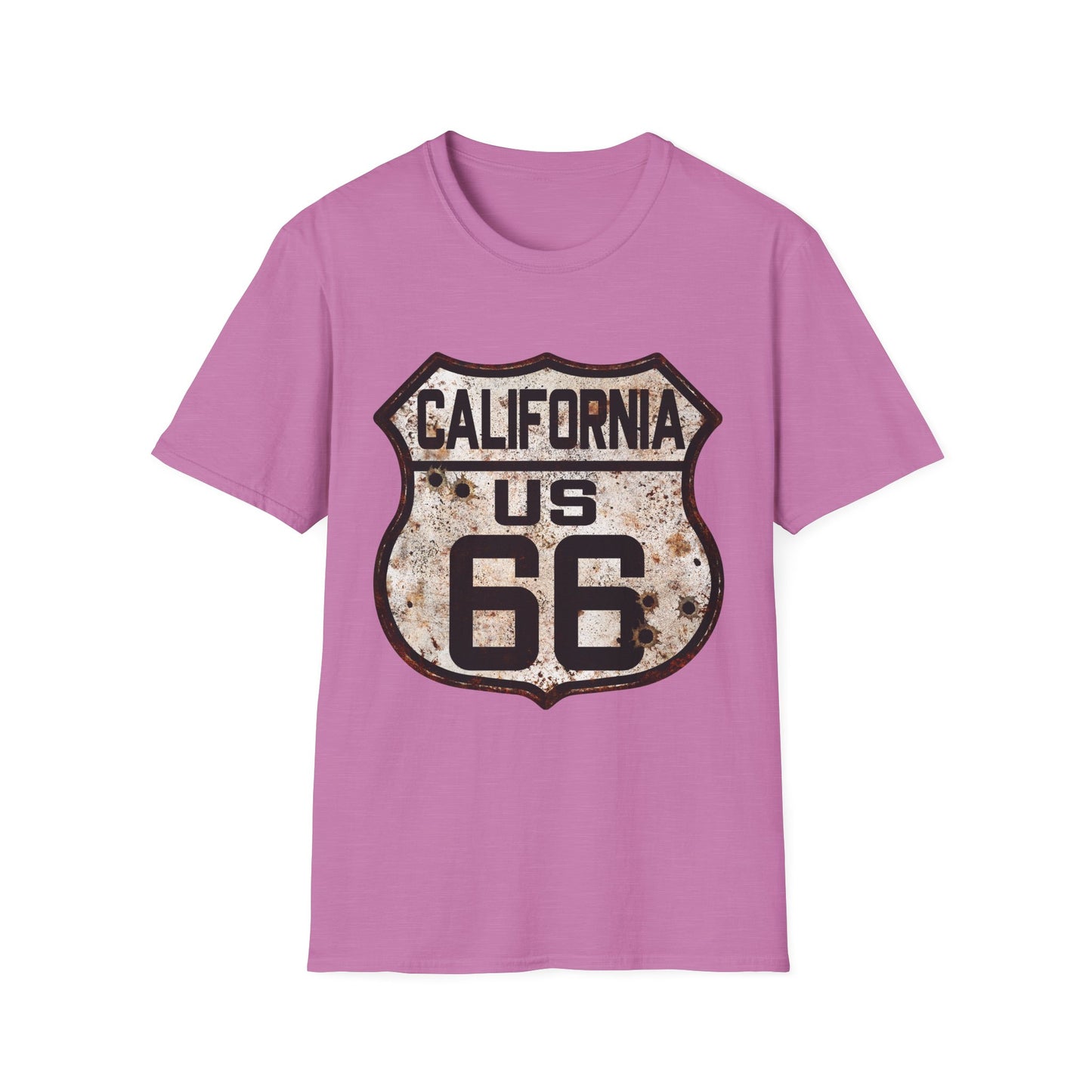 Vintage California Route 66 Tee, Rusty Look with Bullet Holes on Route 66 Shield Unisex Softstyle T-Shirt