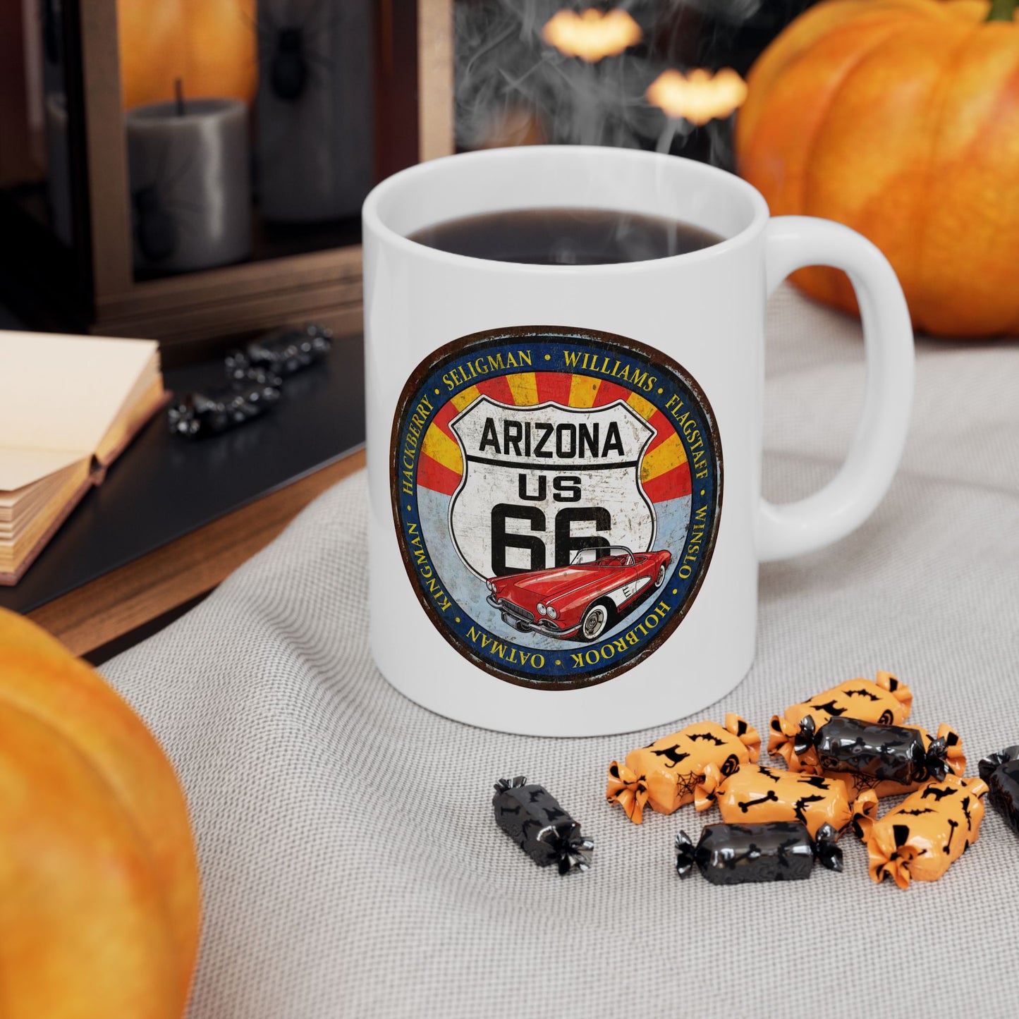 Retro Arizona Route 66 Sign Coffee Mug - Vintage Round Style Ceramic Mug, (11oz, 15oz)