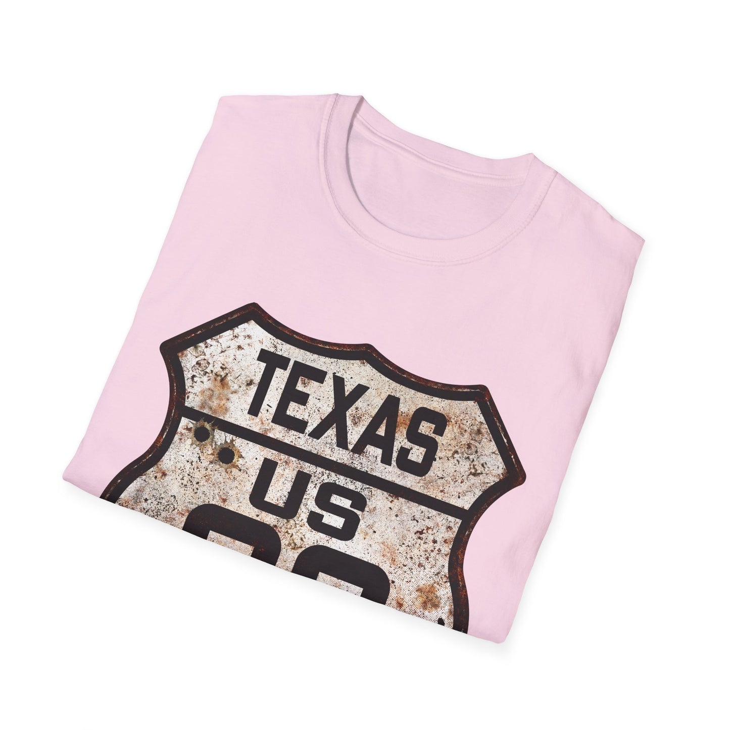 Vintage Texas Route 66 Tee, Rusty Look with Bullet Holes on Route 66 Shield Unisex Softstyle T-Shirt