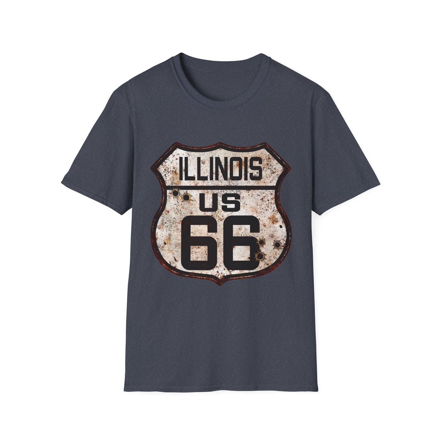 Vintage Illinois Route 66 Tee, Rusty Look with Bullet Holes on Route 66 Shield Unisex Softstyle T-Shirt