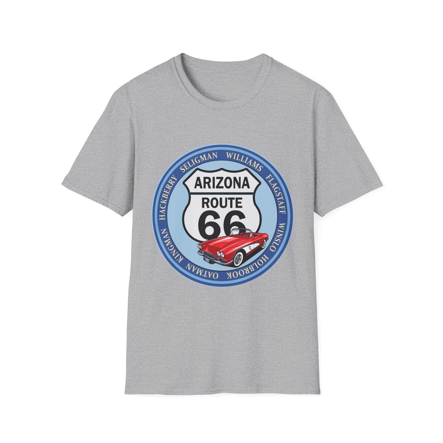 Arizona Route 66 Tee Round Route 66 Sign with City Names Unisex Softstyle T-Shirt